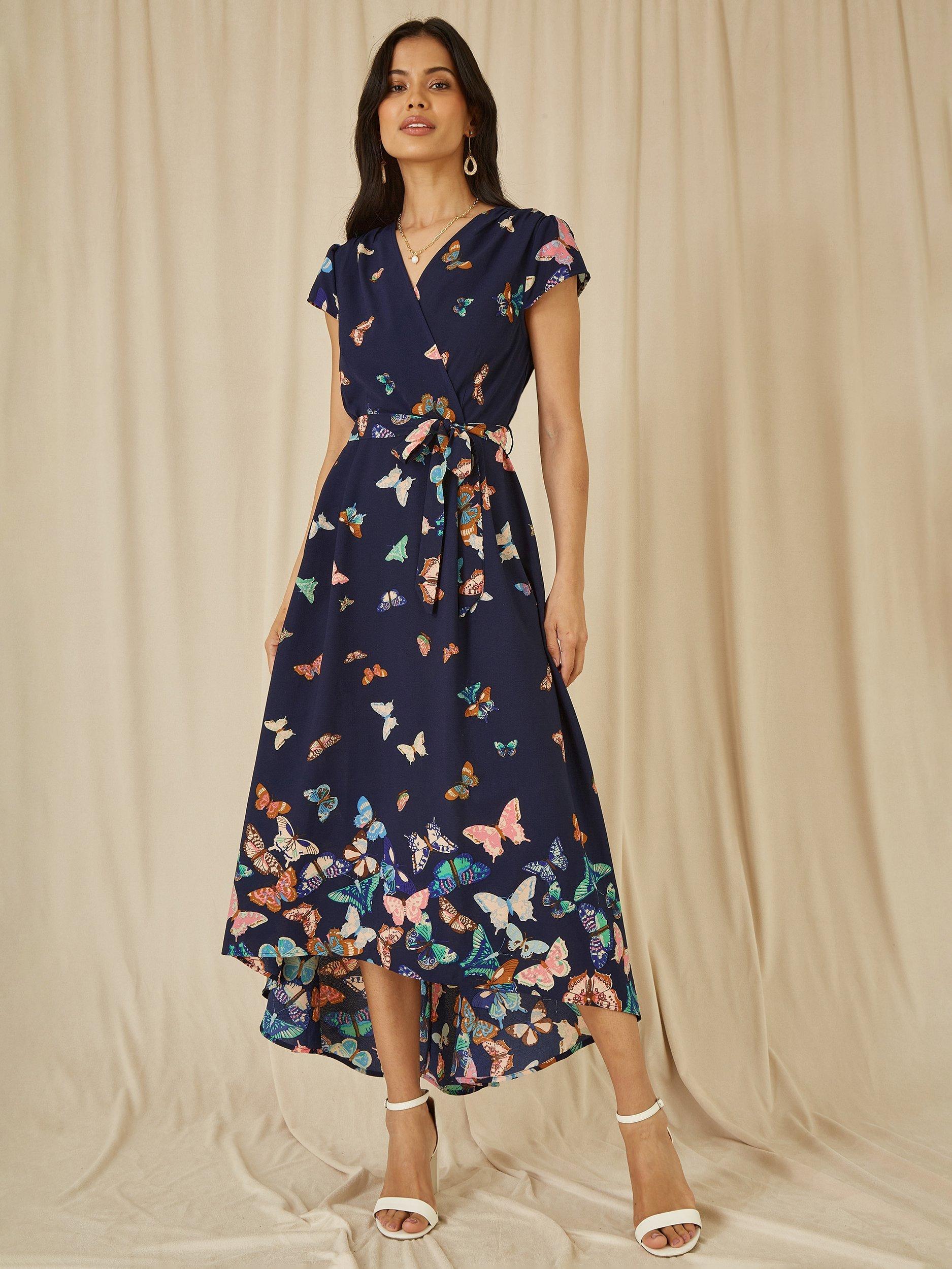 Product image 3 of 5, which shows Yumi Butterfly Wrap Midi Dress, Navy, 8