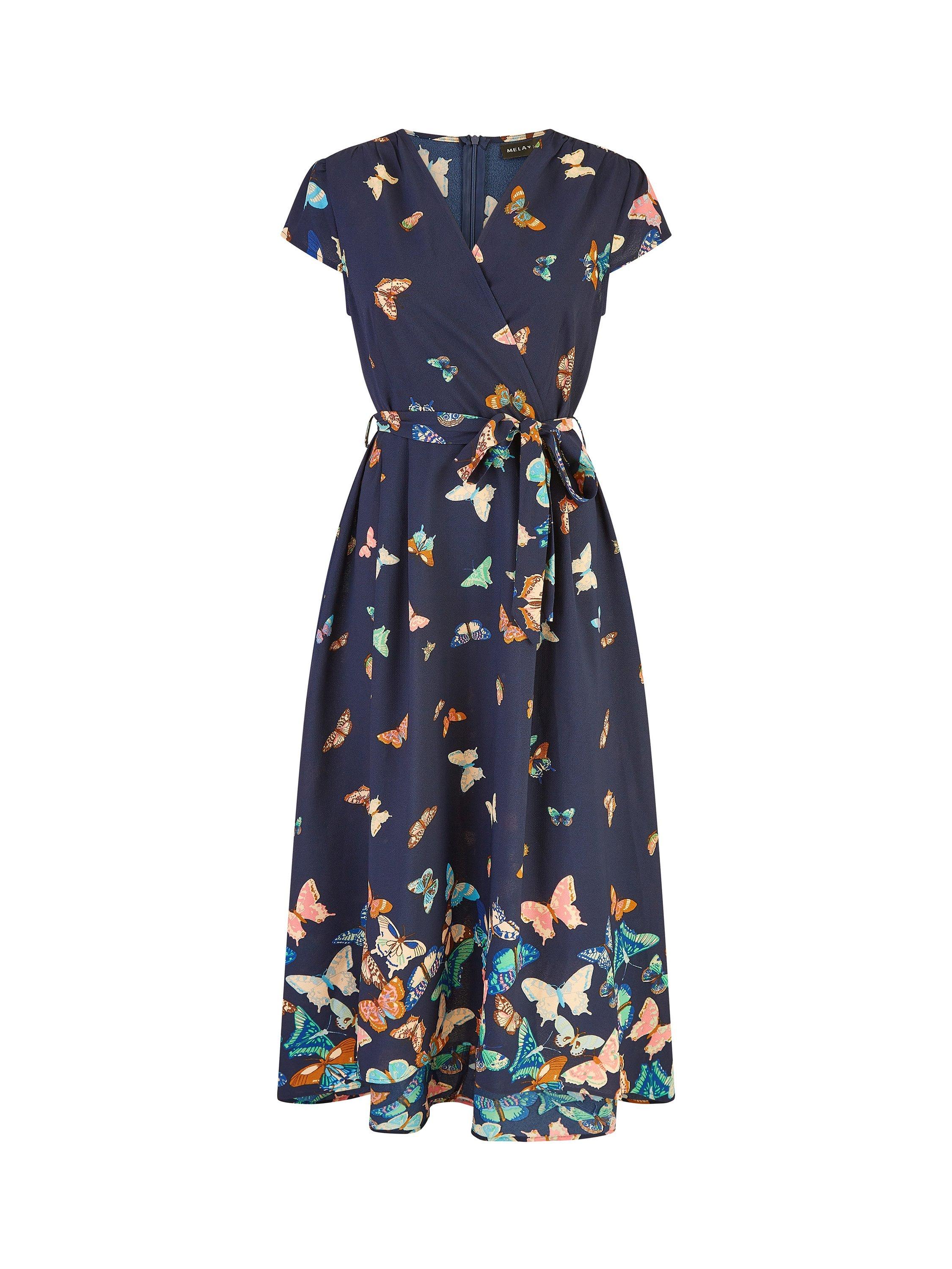 Product image 5 of 5, which shows Yumi Butterfly Wrap Midi Dress, Navy, 8
