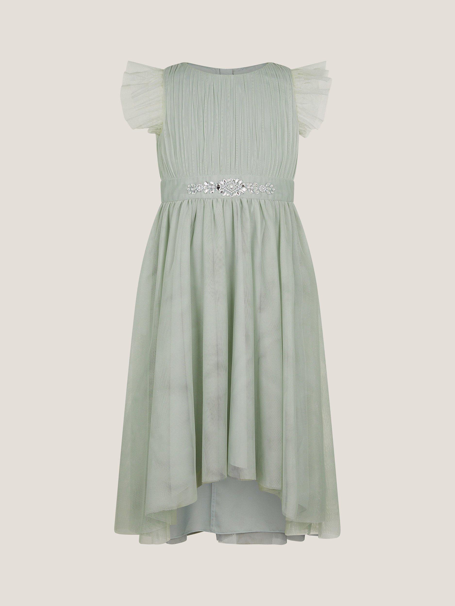 Product image 1 of 3, which shows Monsoon Kids' Penelope Diamante Belt Midi Dress, Sage, 3 years
