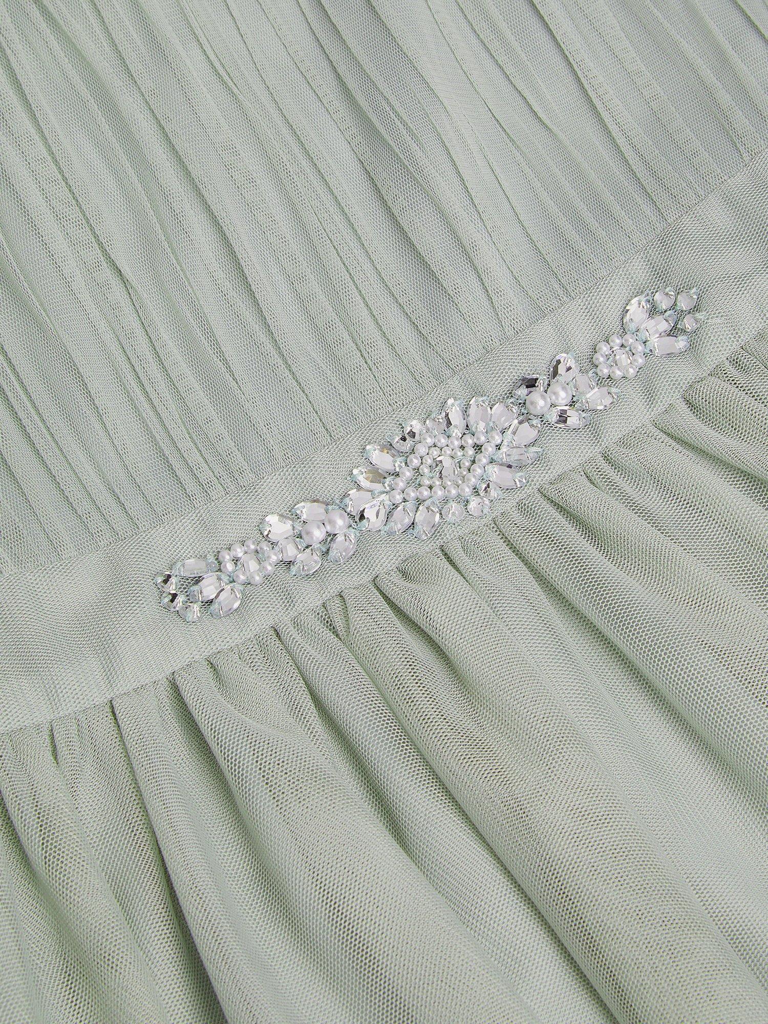 Product image 3 of 3, which shows Monsoon Kids' Penelope Diamante Belt Midi Dress, Sage, 3 years