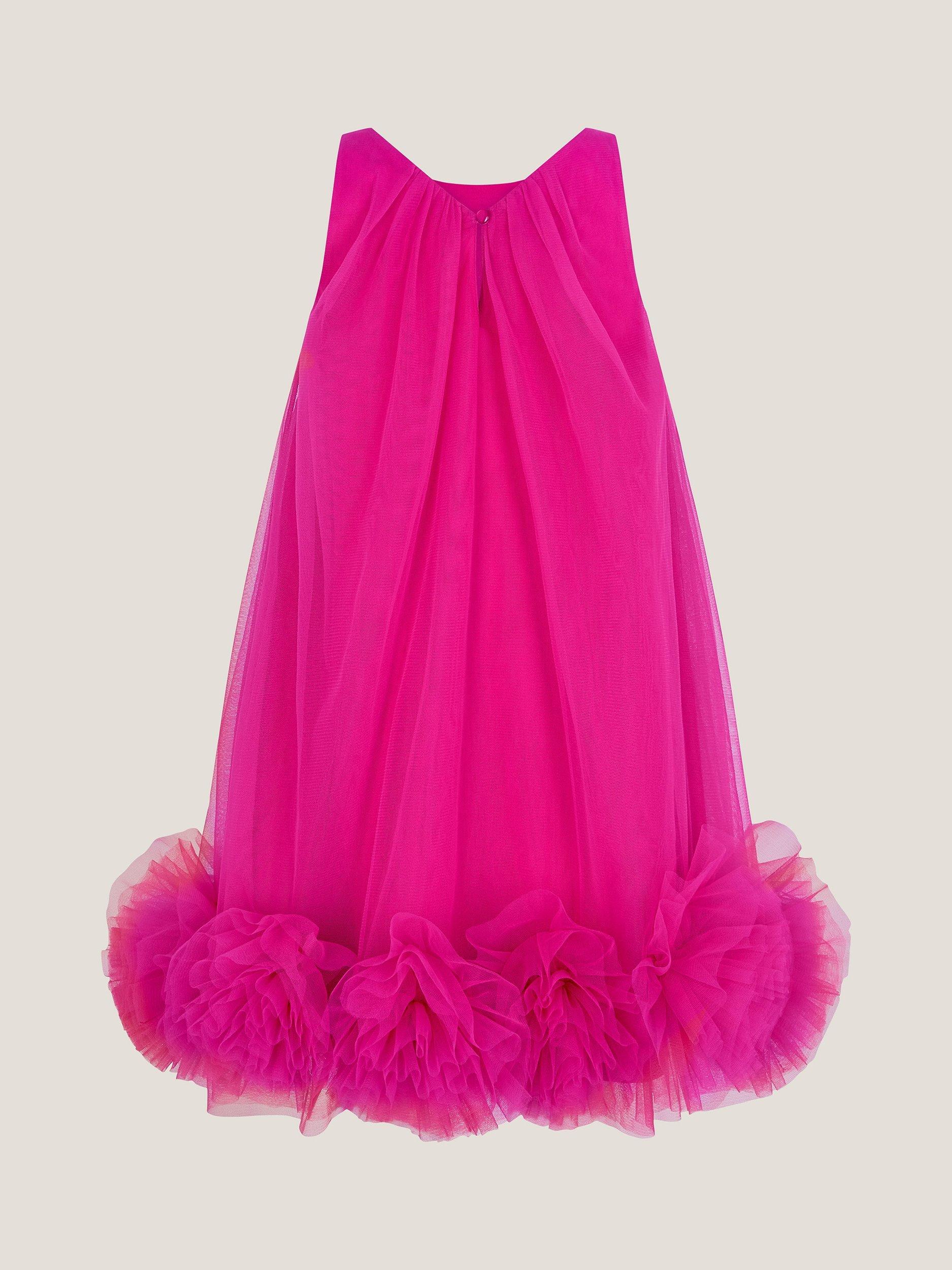 Product image 2 of 3, which shows Monsoon Kids' Pom Swing Dress, Dark Pink, 8 years