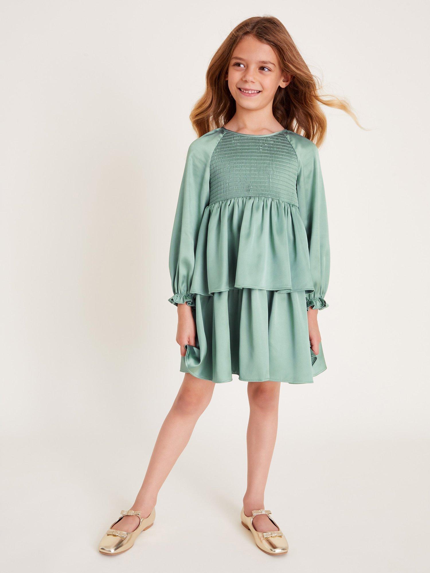 Product image 1 of 4, which shows Monsoon Kids' Smocked Satin Dress, Green, 6 years