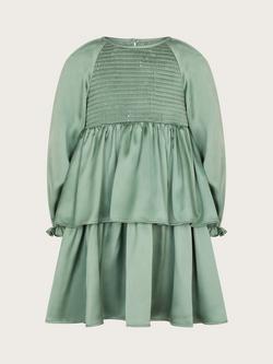 Monsoon Kids' Smocked Satin Dress, Green - view 2, Green