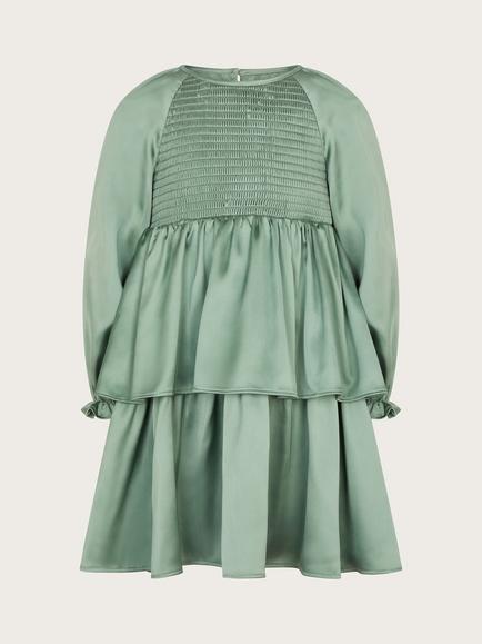 Monsoon Kids' Smocked Satin Dress, Green - view 2, Green