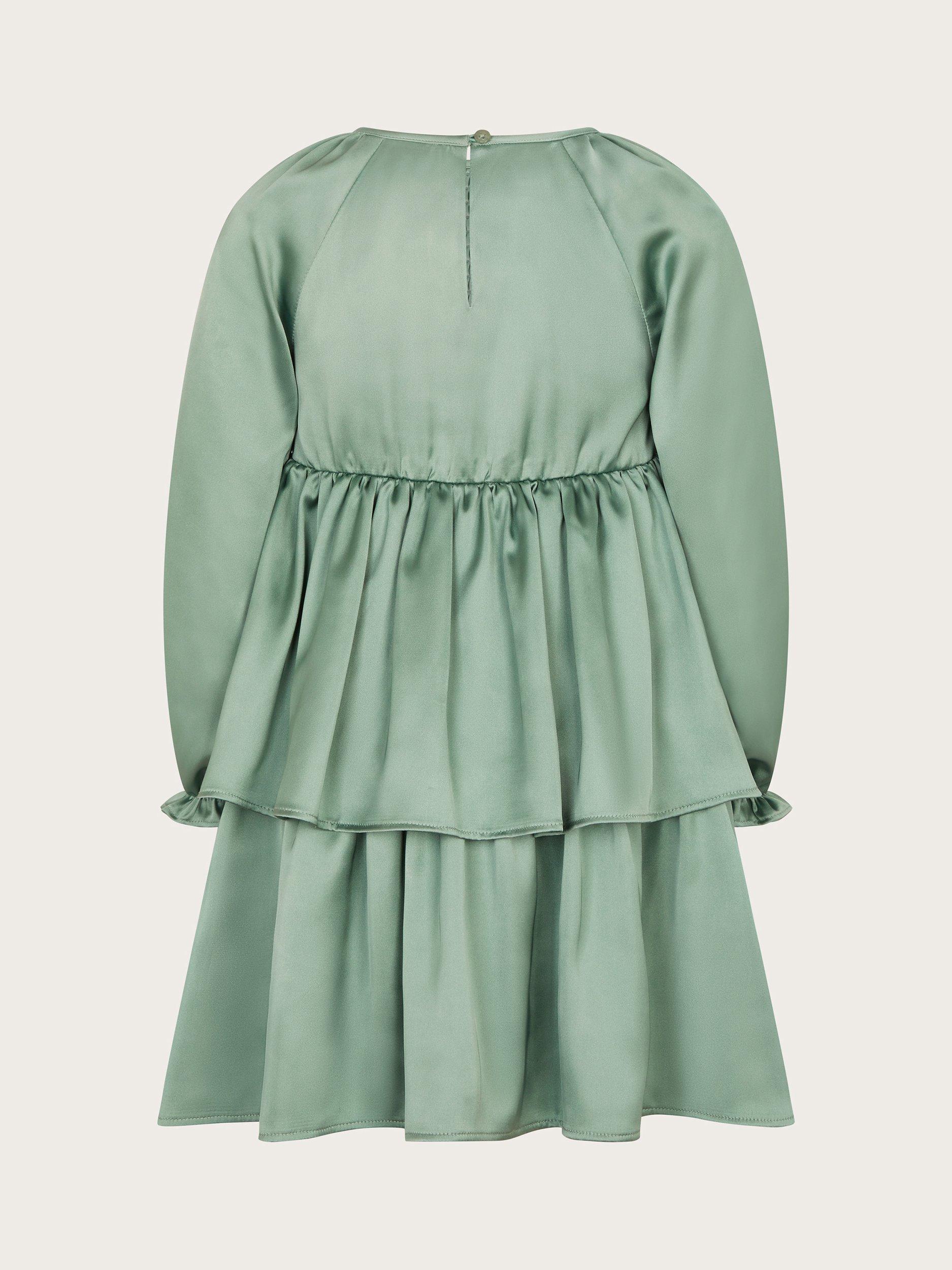 Product image 3 of 4, which shows Monsoon Kids' Smocked Satin Dress, Green, 6 years