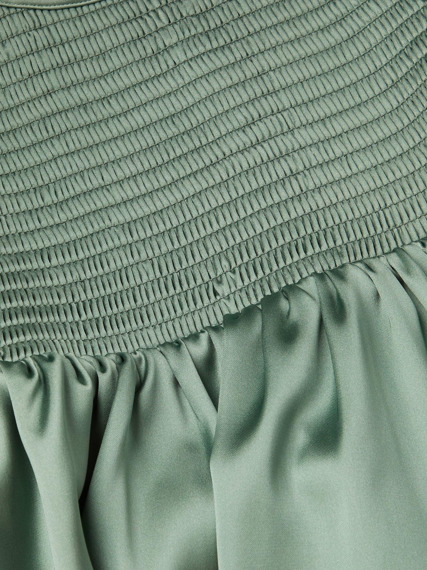 Product image 4 of 4, which shows Monsoon Kids' Smocked Satin Dress, Green, 6 years
