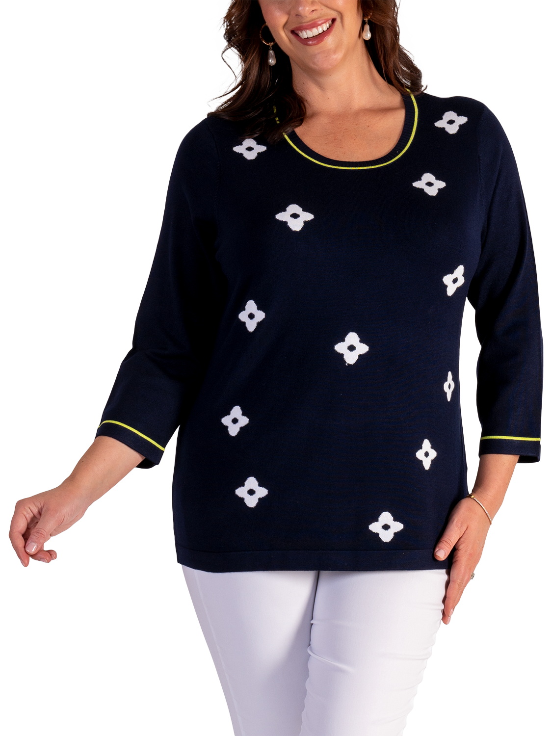Product image 1 of 5, which shows chesca Diamond Floral Motif Jumper, Navy/White, 12-14