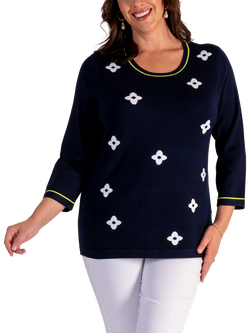 chesca Diamond Floral Motif Jumper, Navy/White, Navy/White