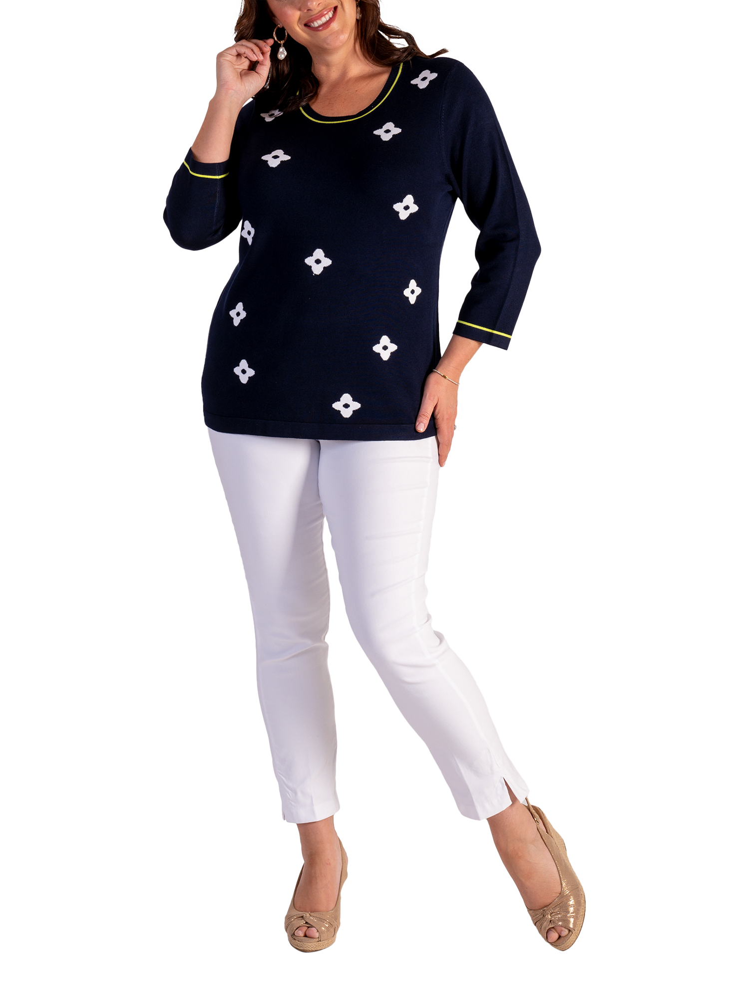 Product image 4 of 5, which shows chesca Diamond Floral Motif Jumper, Navy/White, 12-14