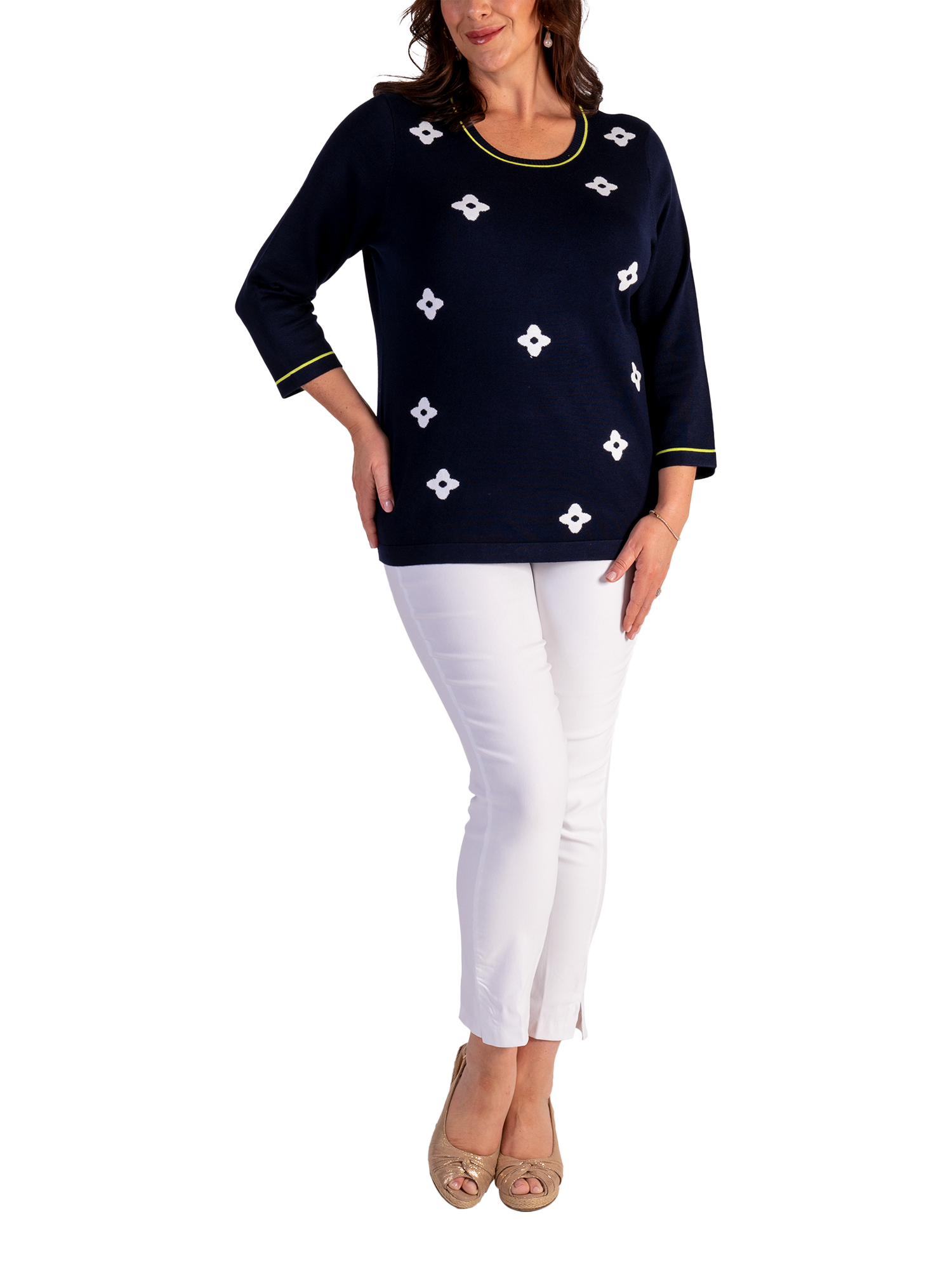 Product image 5 of 5, which shows chesca Diamond Floral Motif Jumper, Navy/White, 12-14