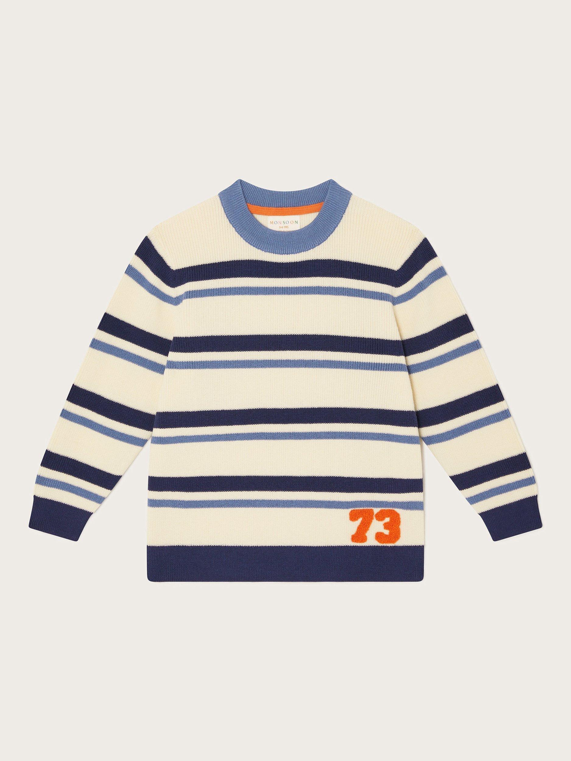 Product image 1 of 3, which shows Monsoon Kids' Varsity Stripe Crew Neck Jumper, Ivory/Blue, 3-4 years