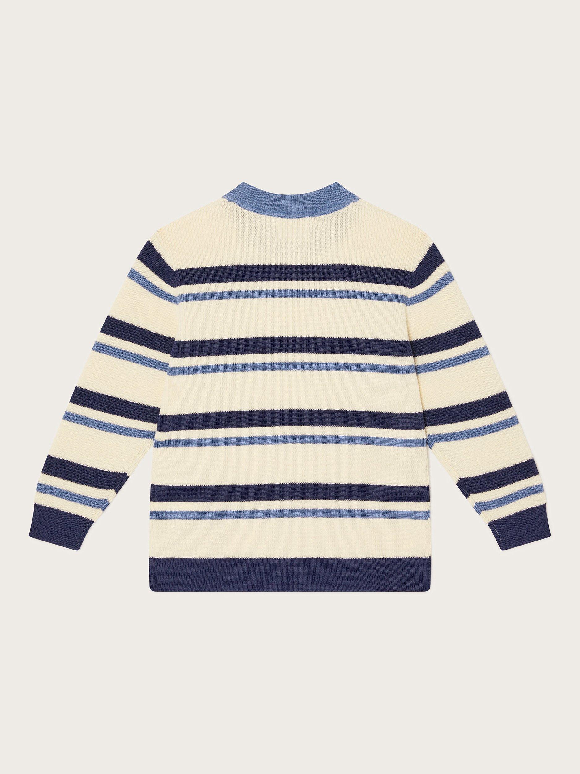 Product image 2 of 3, which shows Monsoon Kids' Varsity Stripe Crew Neck Jumper, Ivory/Blue, 3-4 years