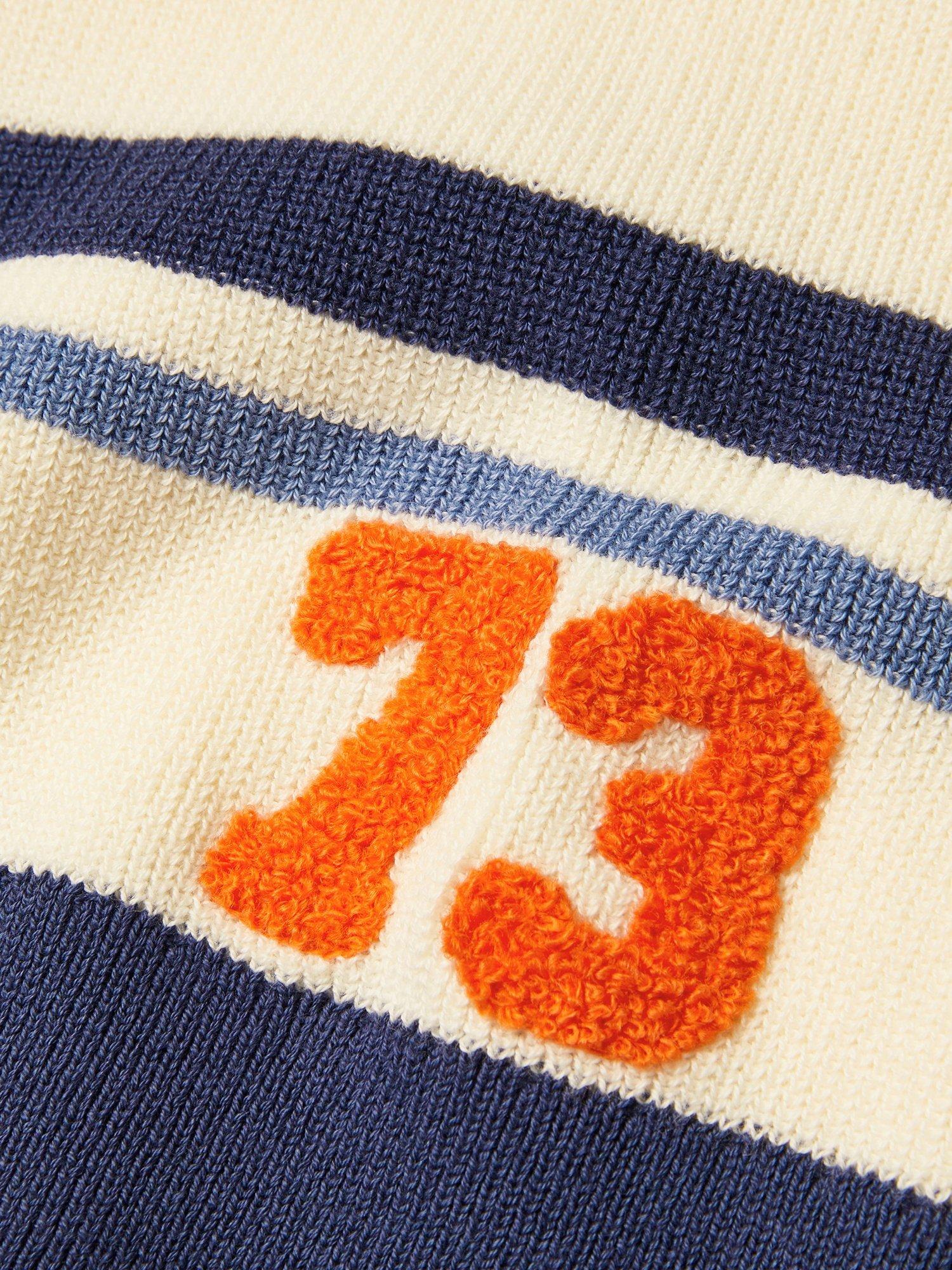 Product image 3 of 3, which shows Monsoon Kids' Varsity Stripe Crew Neck Jumper, Ivory/Blue, 3-4 years