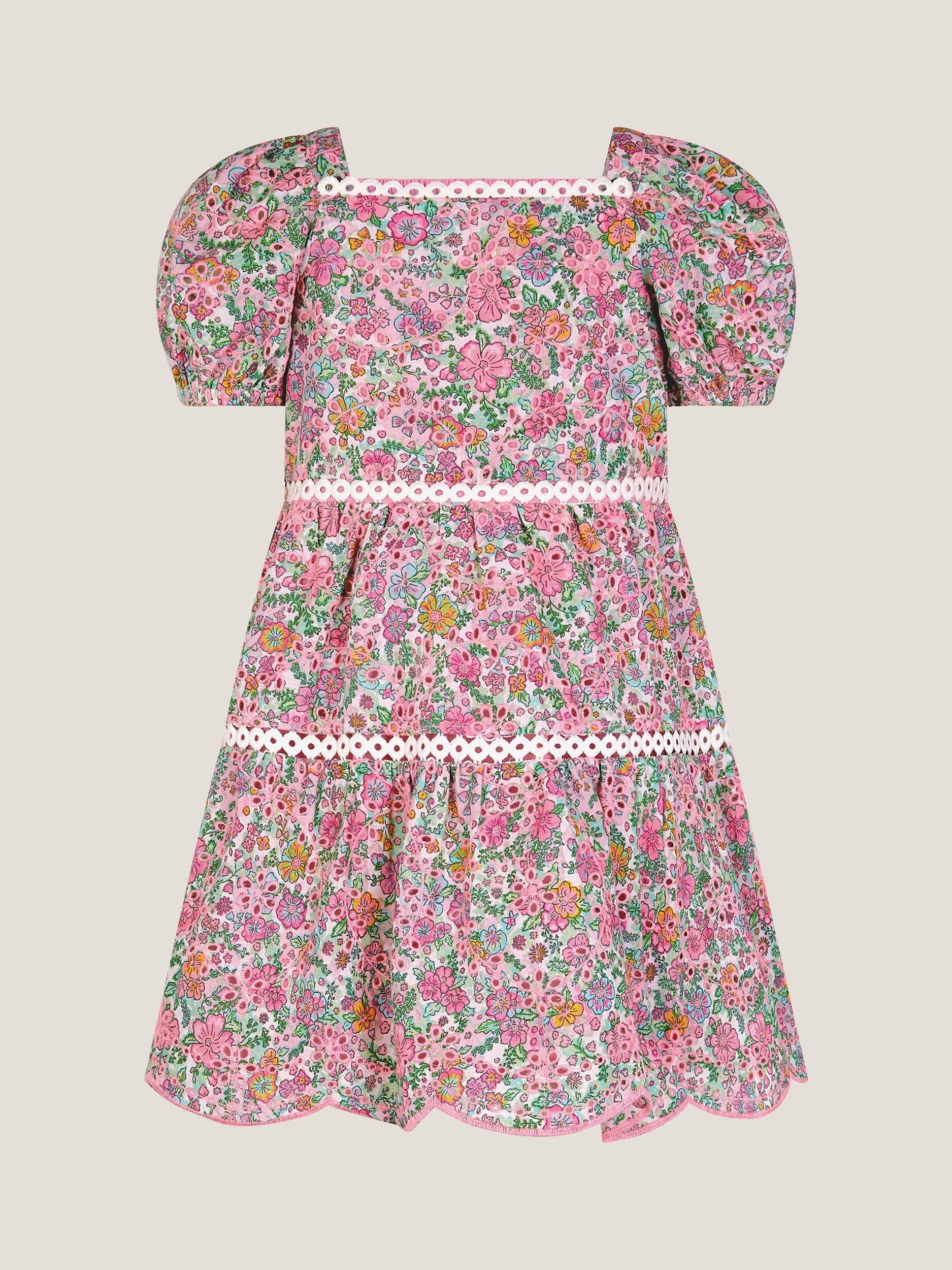 Product image 2 of 4, which shows Monsoon Baby Floral Puff Sleeve Dress, Pink/Multi, 0-3 months