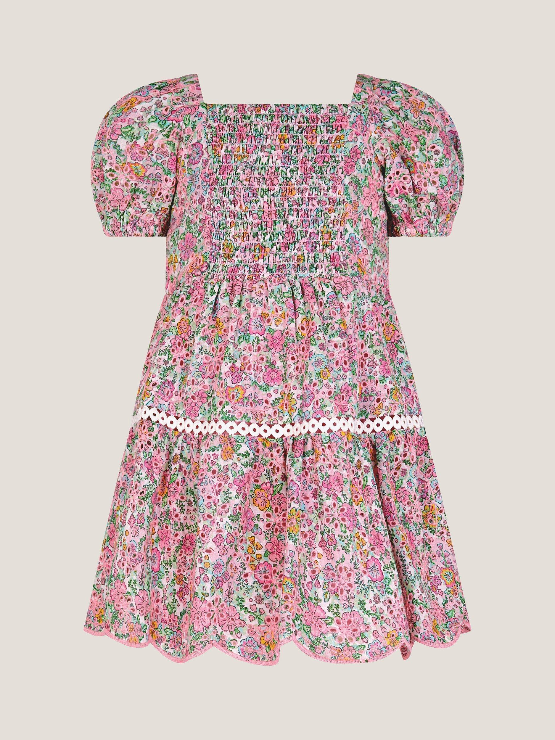 Product image 3 of 4, which shows Monsoon Baby Floral Puff Sleeve Dress, Pink/Multi, 0-3 months