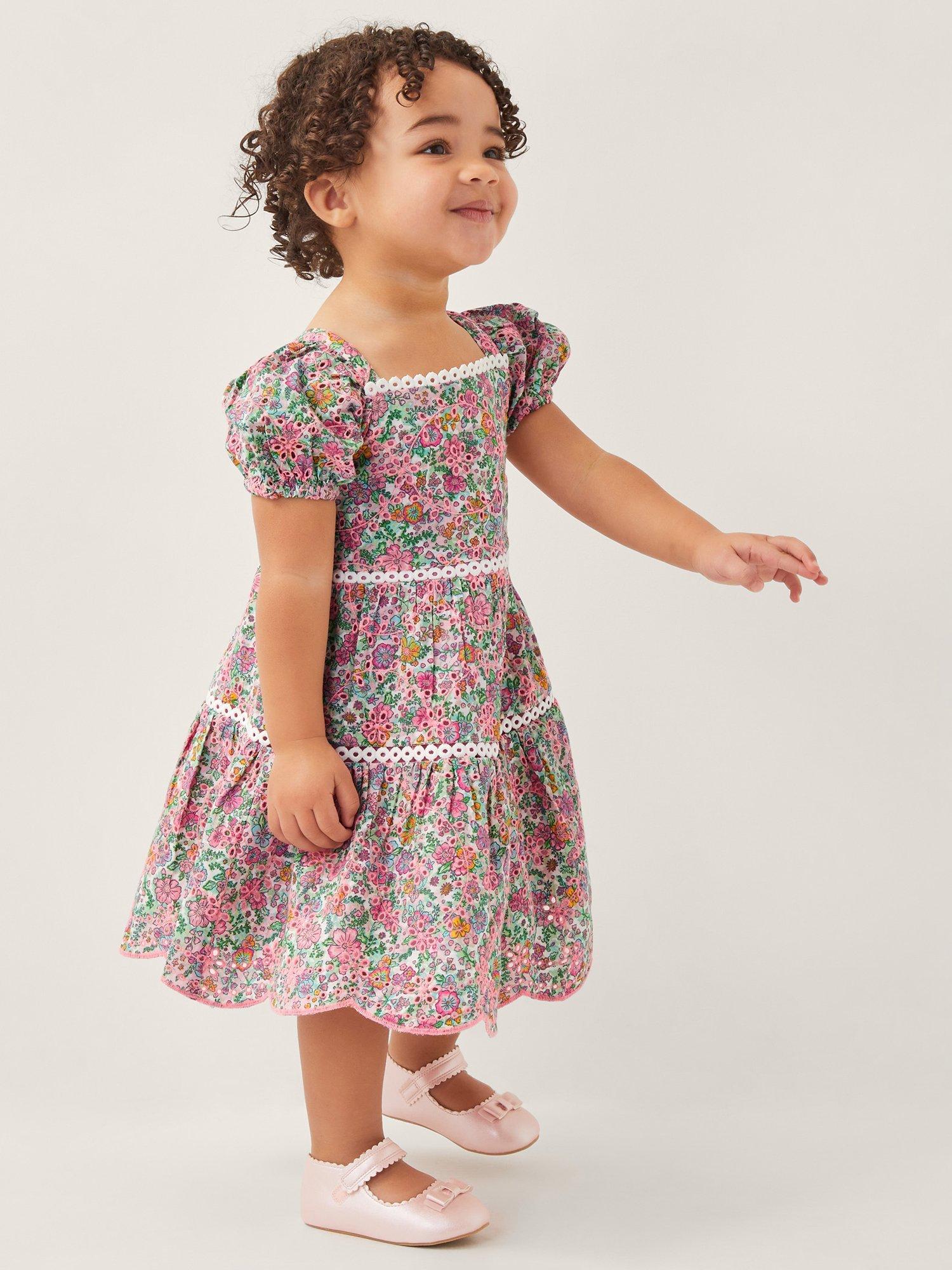 Product image 1 of 4, which shows Monsoon Baby Floral Puff Sleeve Dress, Pink/Multi, 0-3 months