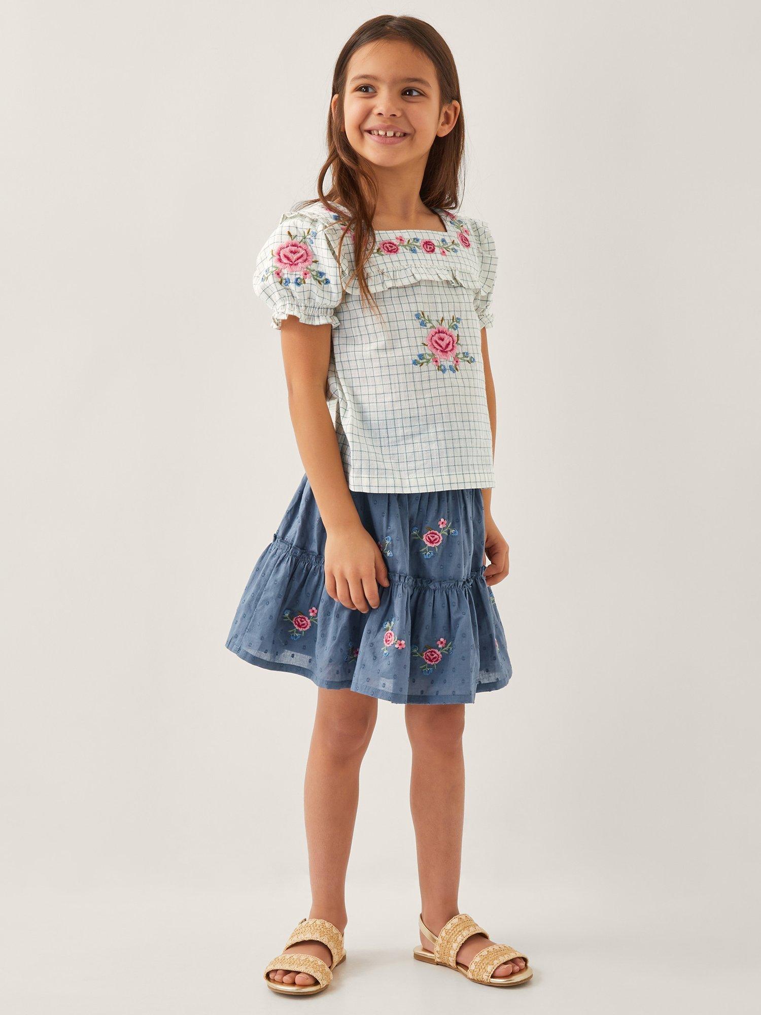 Monsoon Kids' Cotton Floral Rara Skirt, Blue/Multi