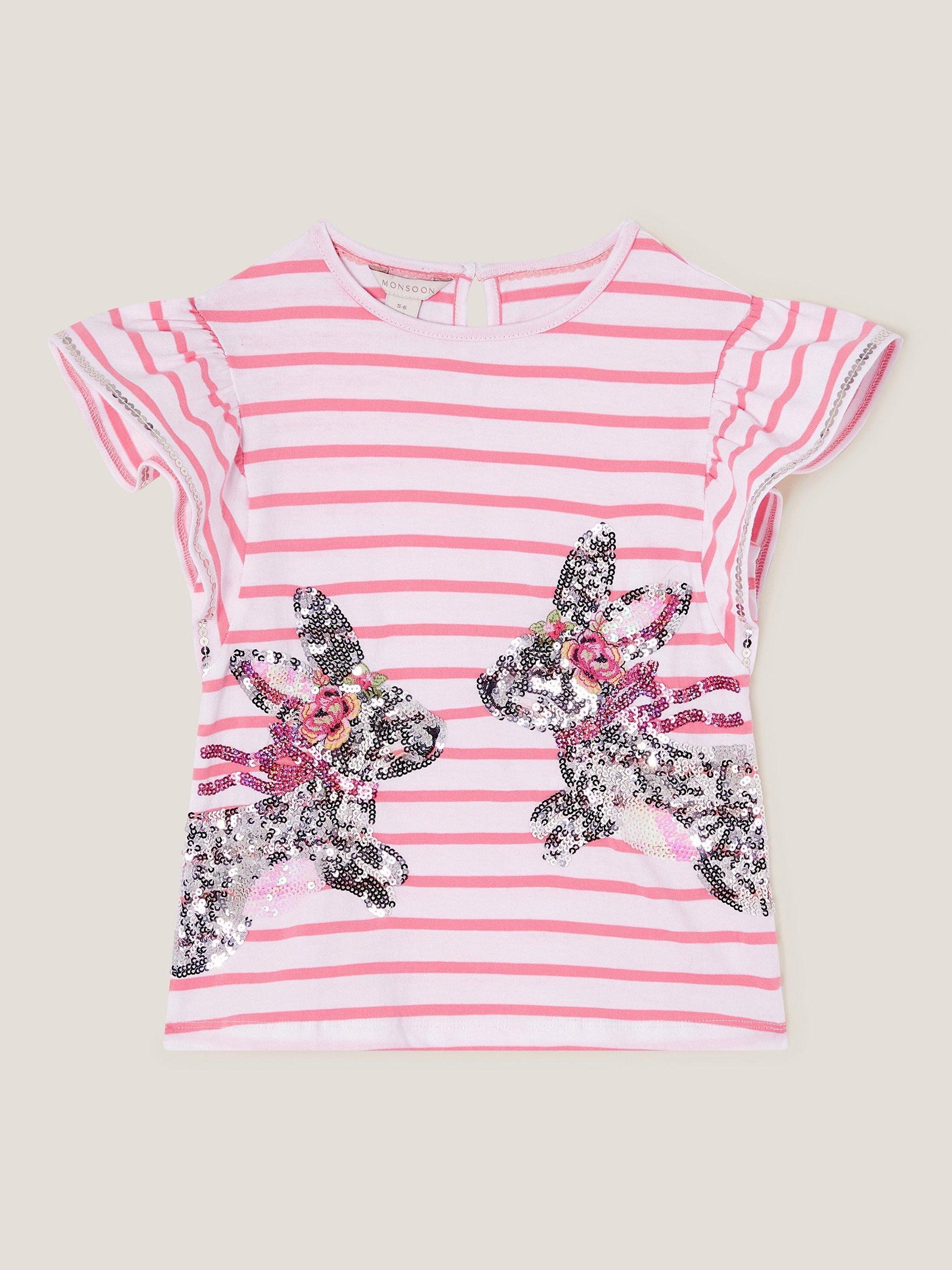 Product image 1 of 3, which shows Monsoon Kids' Sequin Bunny Cotton Stripe T-Shirt, Pink/Multi, 7-8 years