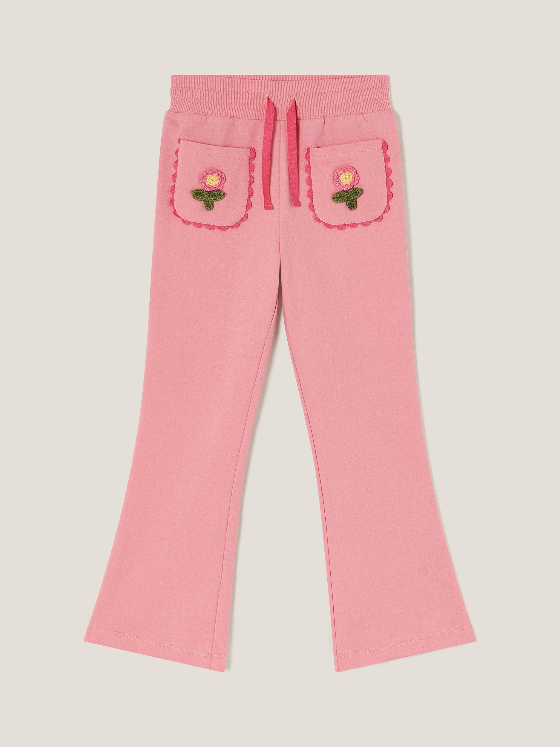 Product image 1 of 3, which shows Monsoon Kids' Cotton Crochet Flare Joggers, Pink, 3-4 years