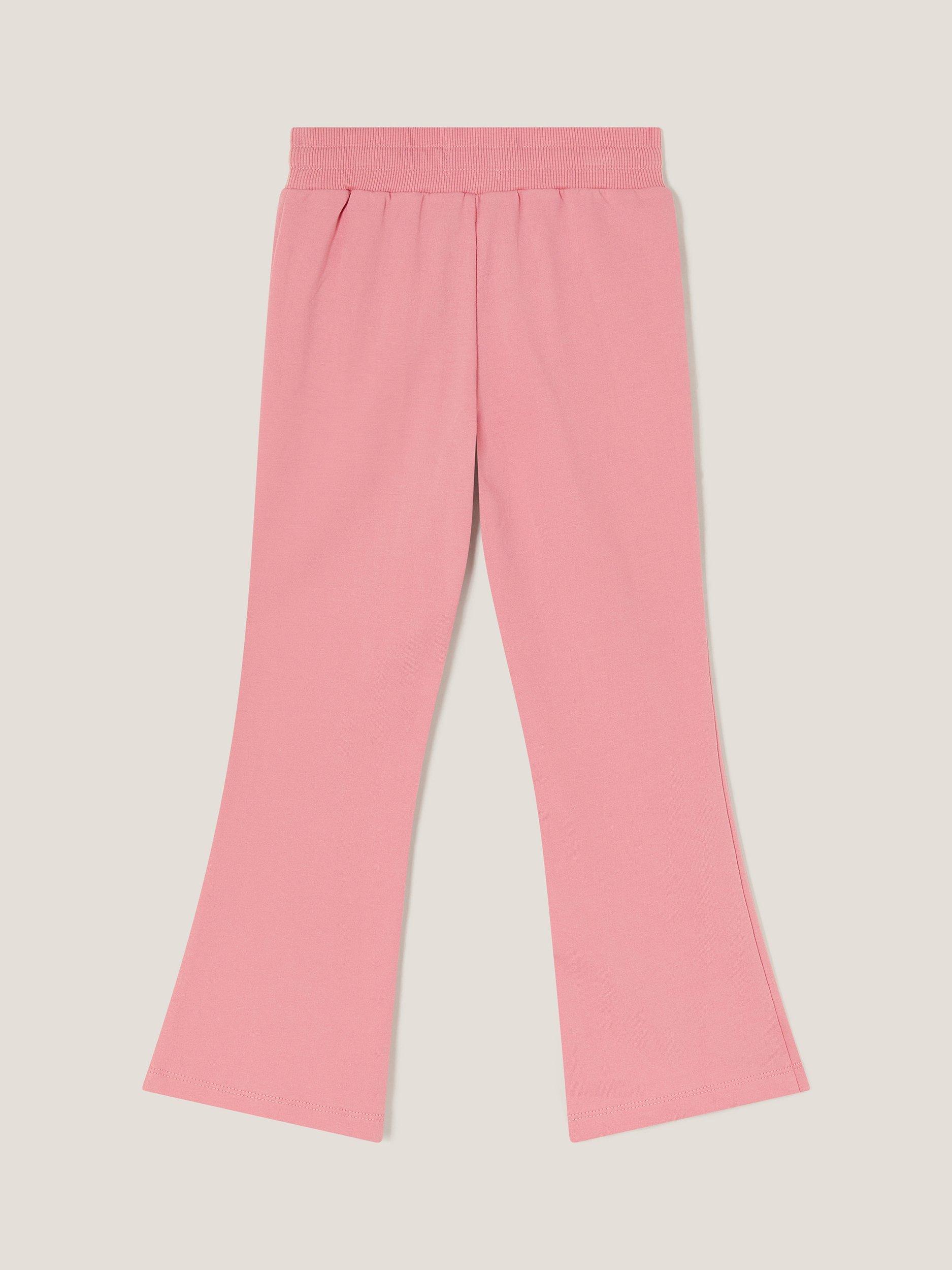 Product image 2 of 3, which shows Monsoon Kids' Cotton Crochet Flare Joggers, Pink, 3-4 years