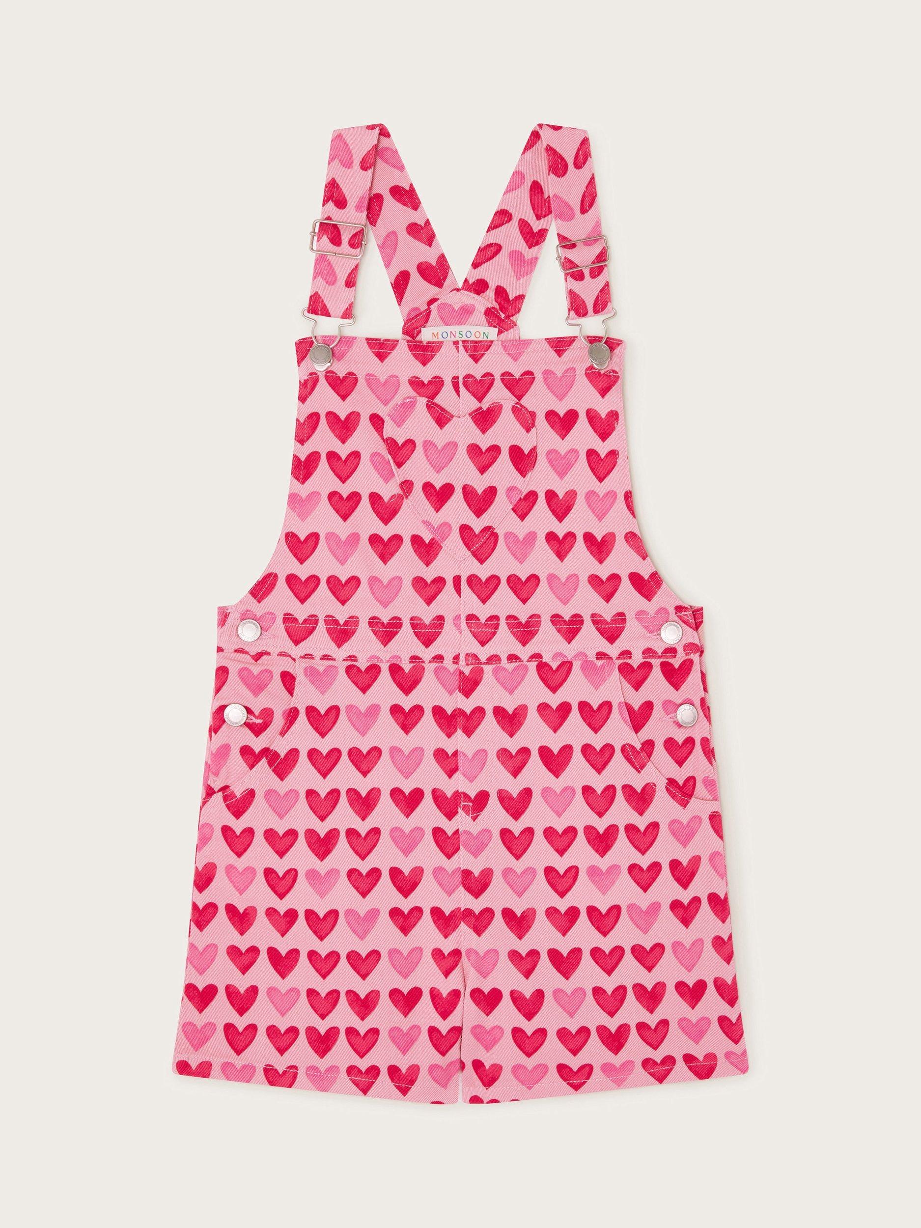 Monsoon Kids' Heart Print Shortie Dungarees, Pink