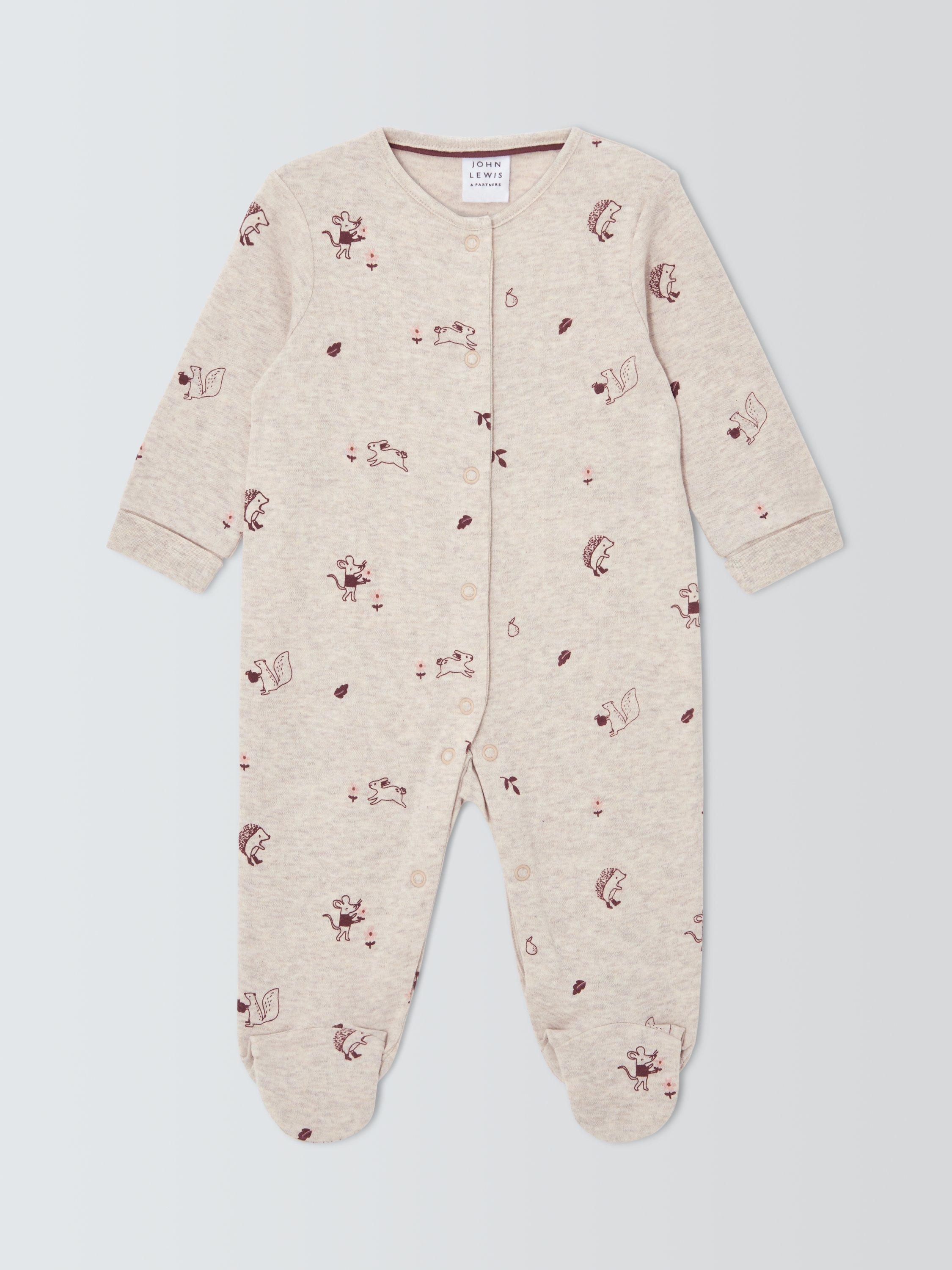 Product image 1 of 3, which shows John Lewis Baby Woodland Animals Sleepsuit, Neutral, Newborn