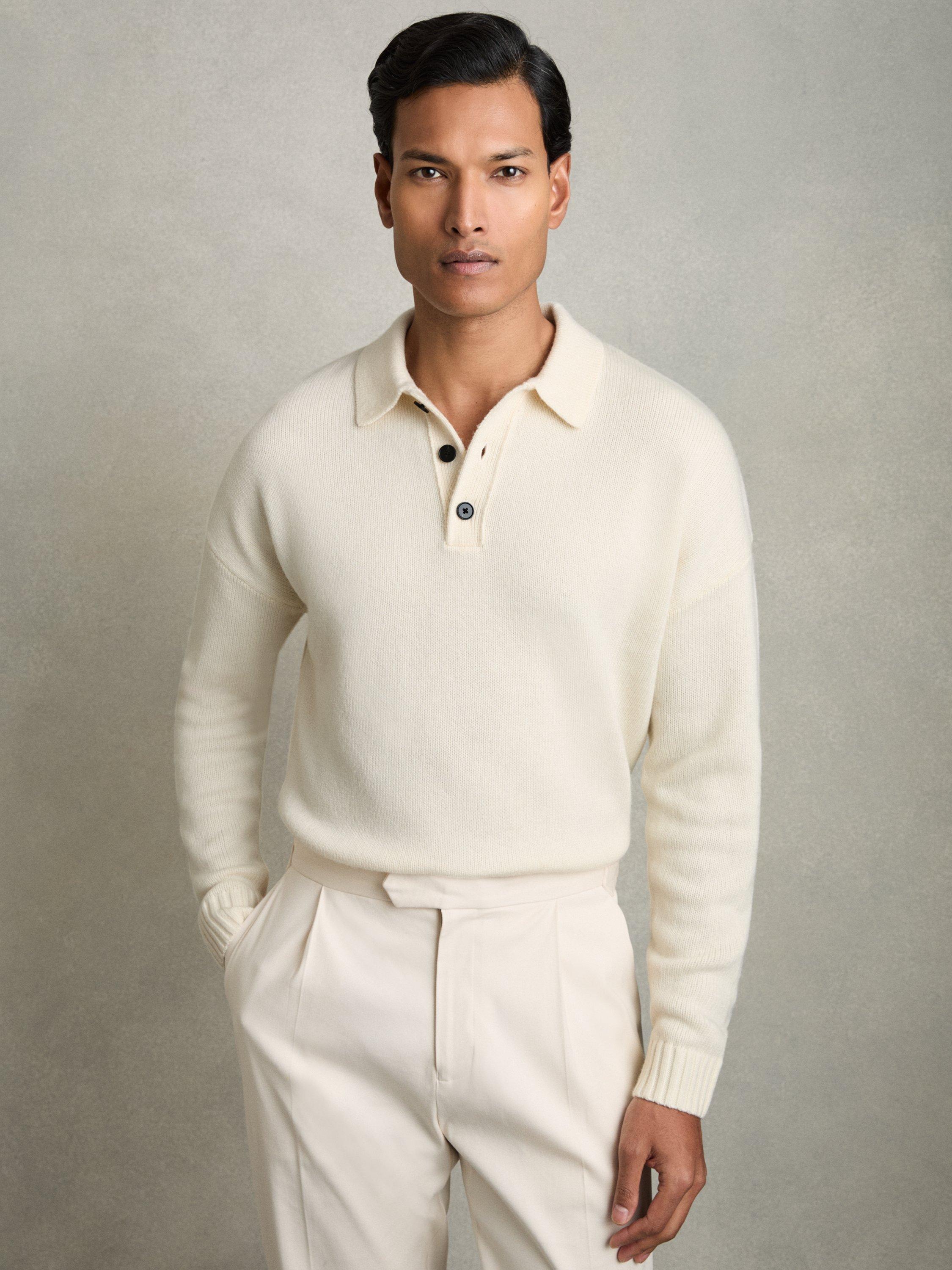 Product image 1 of 5, which shows Reiss Jacob Long Sleeve Knitted Polo Shirt, Off White, S