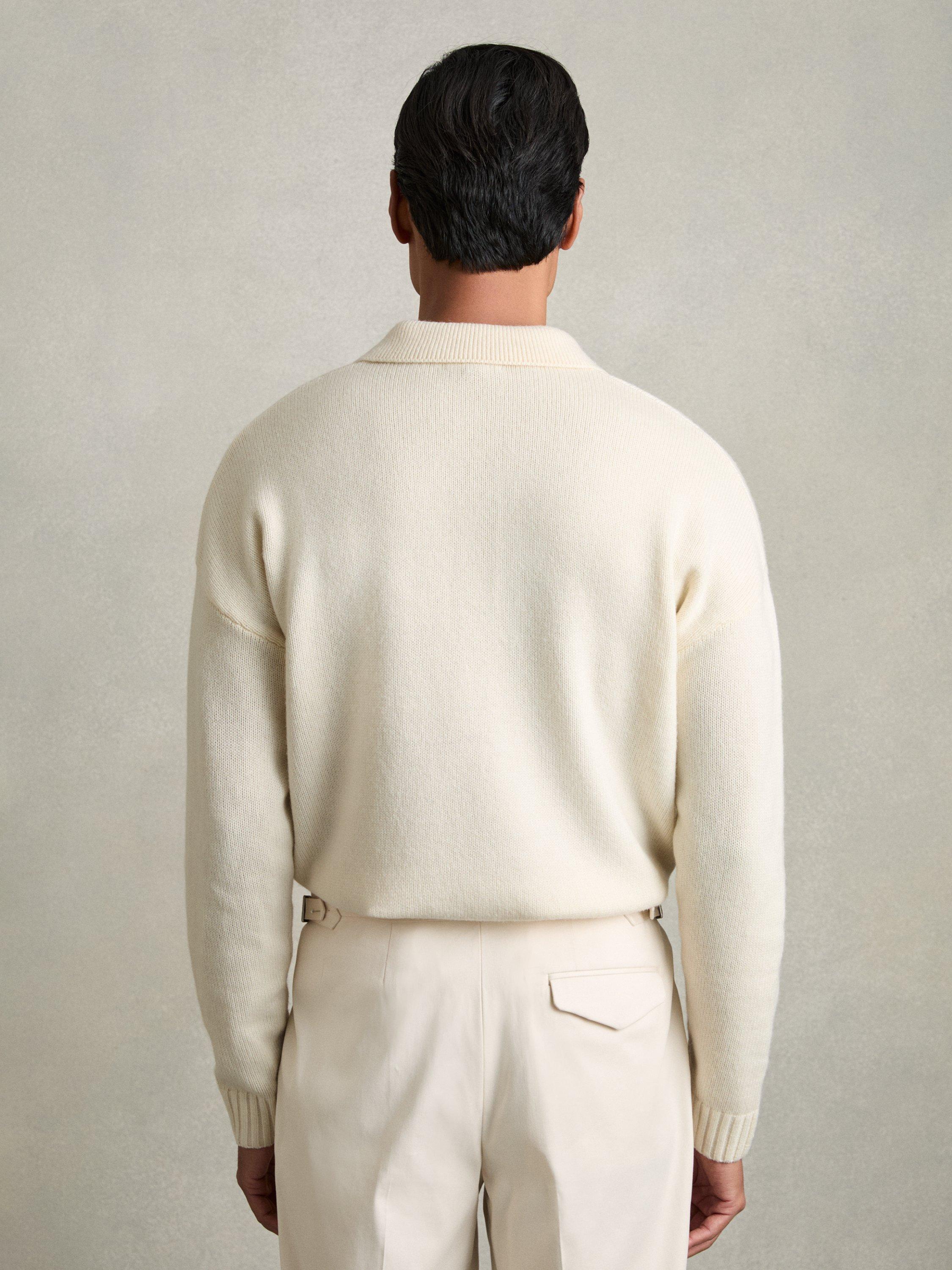 Product image 2 of 5, which shows Reiss Jacob Long Sleeve Knitted Polo Shirt, Off White, S