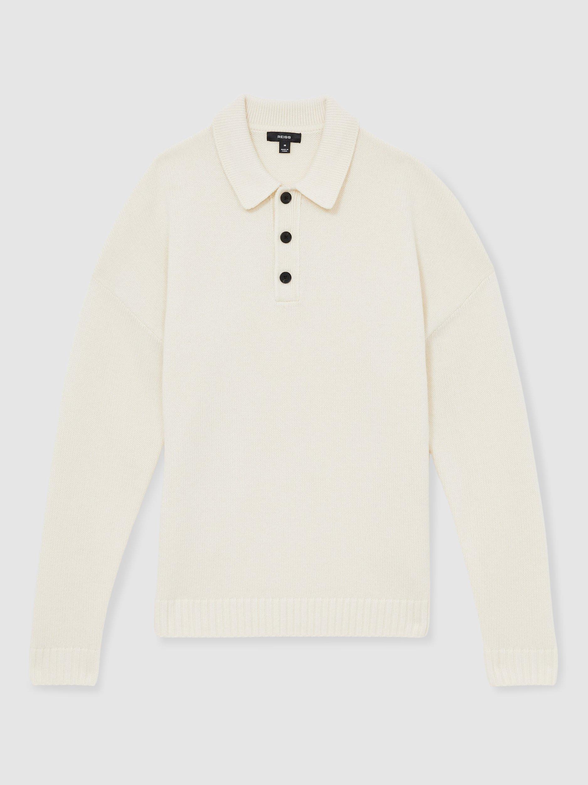 Product image 3 of 5, which shows Reiss Jacob Long Sleeve Knitted Polo Shirt, Off White, S