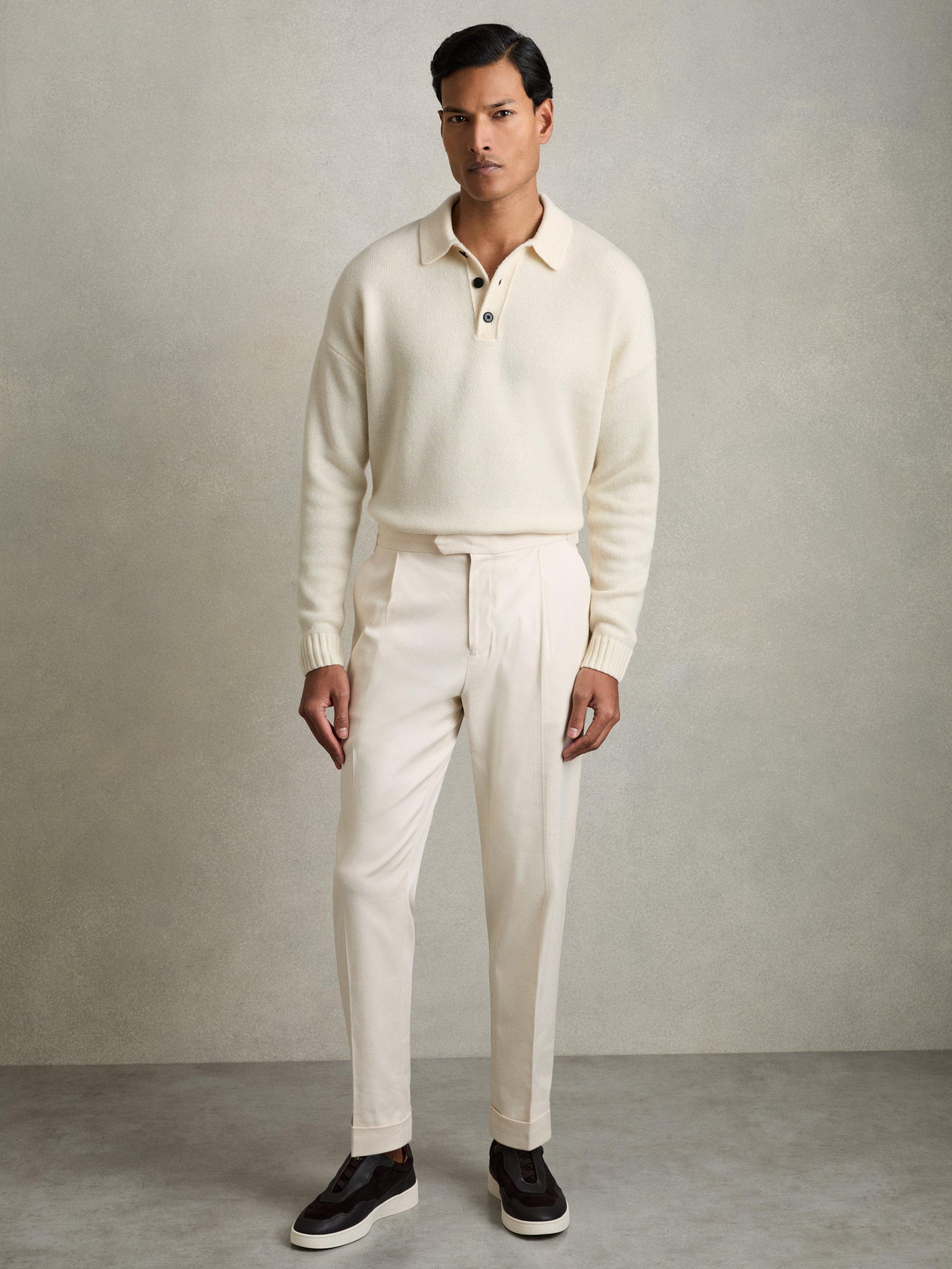 Product image 4 of 5, which shows Reiss Jacob Long Sleeve Knitted Polo Shirt, Off White, S