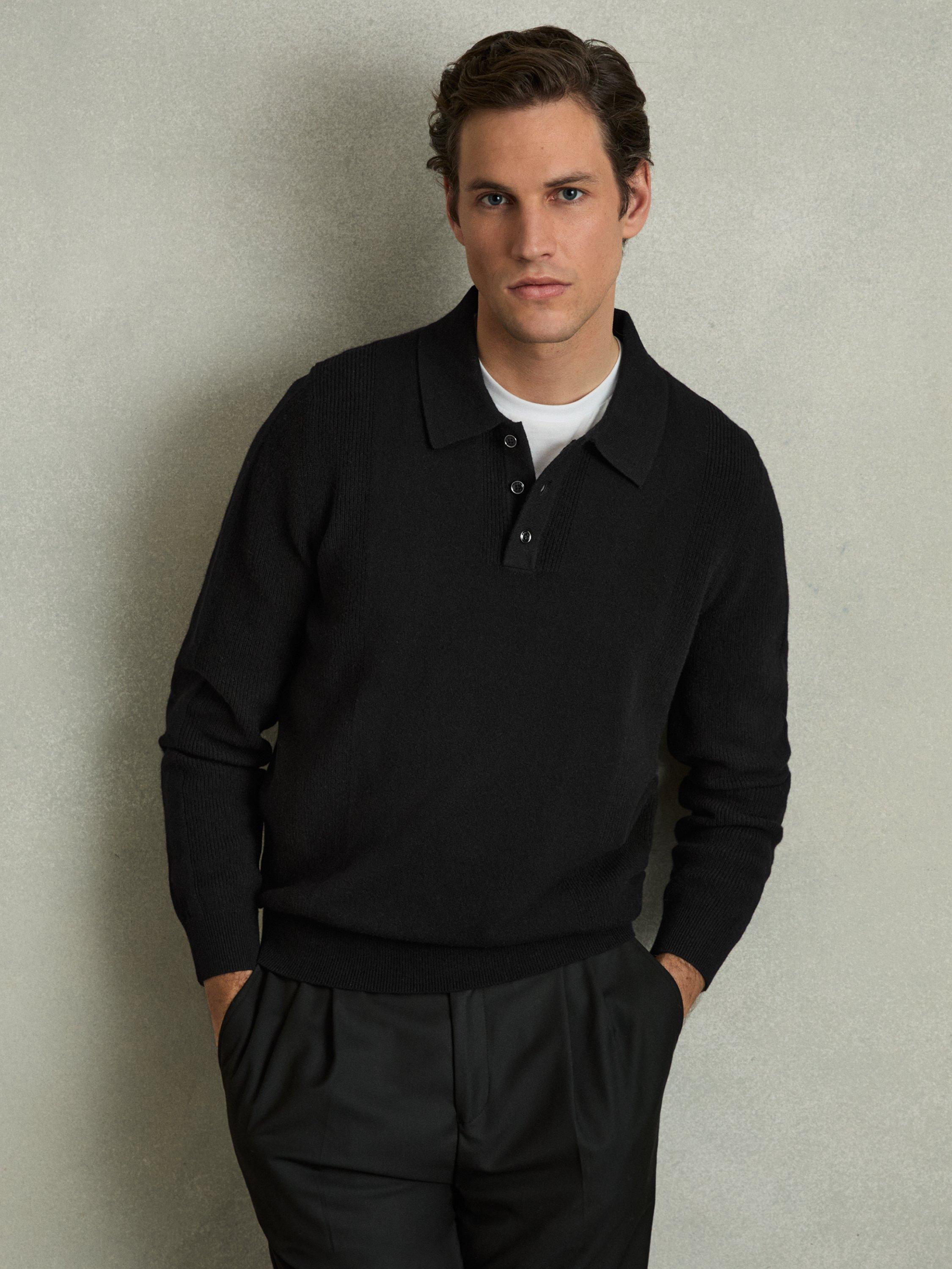 Reiss Kingsley Wool Textured Long Sleeve Polo Shirt