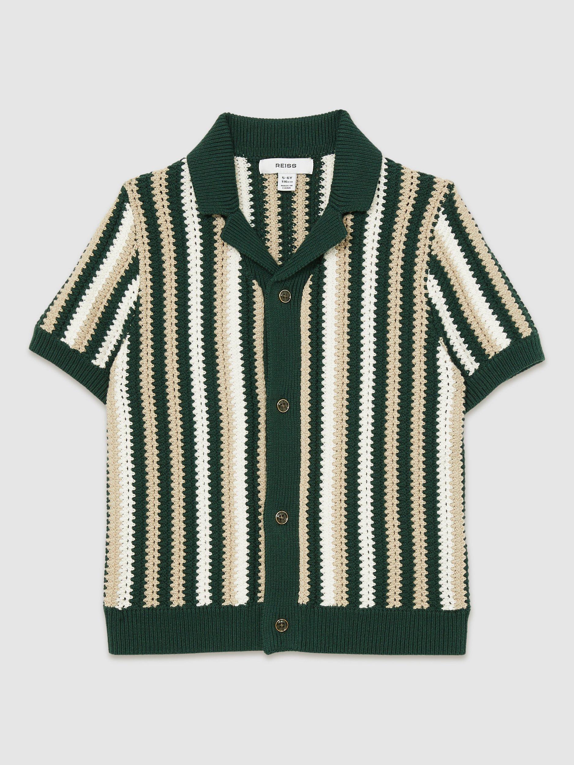 Product image 1 of 4, which shows Reiss Kids' Carrington Stripe Crochet Shirt, Green, 3-4 years