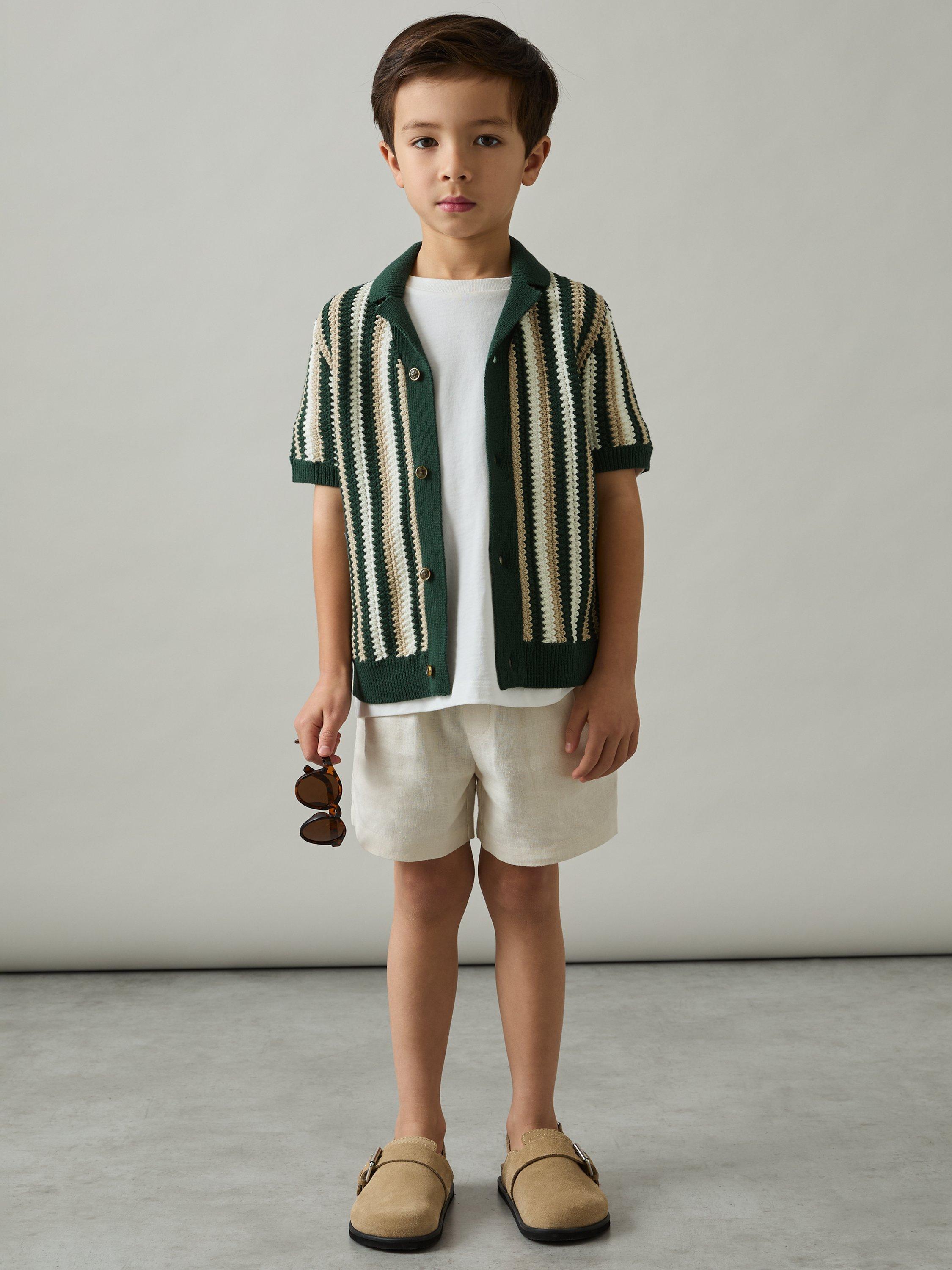 Product image 2 of 4, which shows Reiss Kids' Carrington Stripe Crochet Shirt, Green, 3-4 years