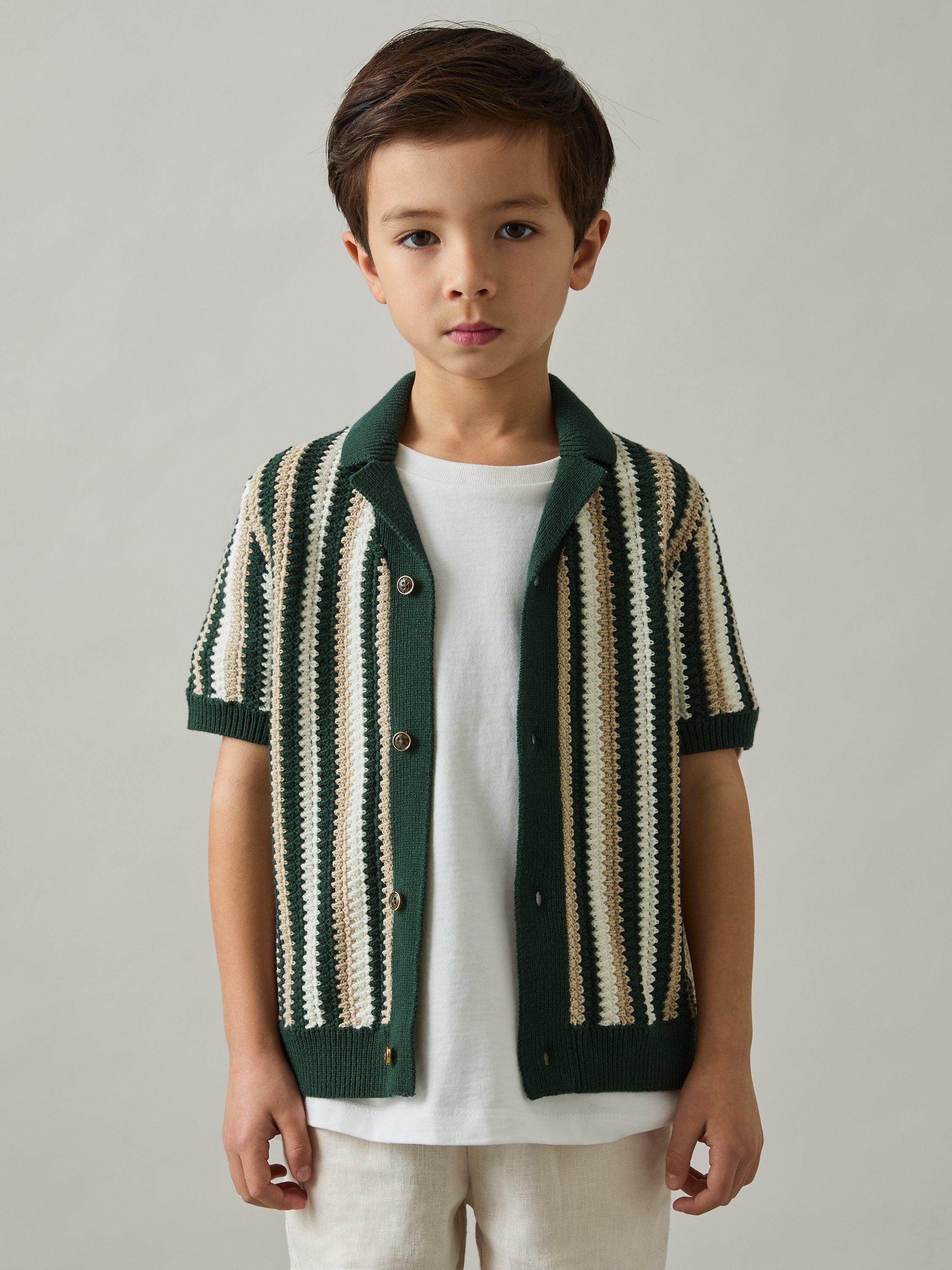 Product image 3 of 4, which shows Reiss Kids' Carrington Stripe Crochet Shirt, Green, 3-4 years
