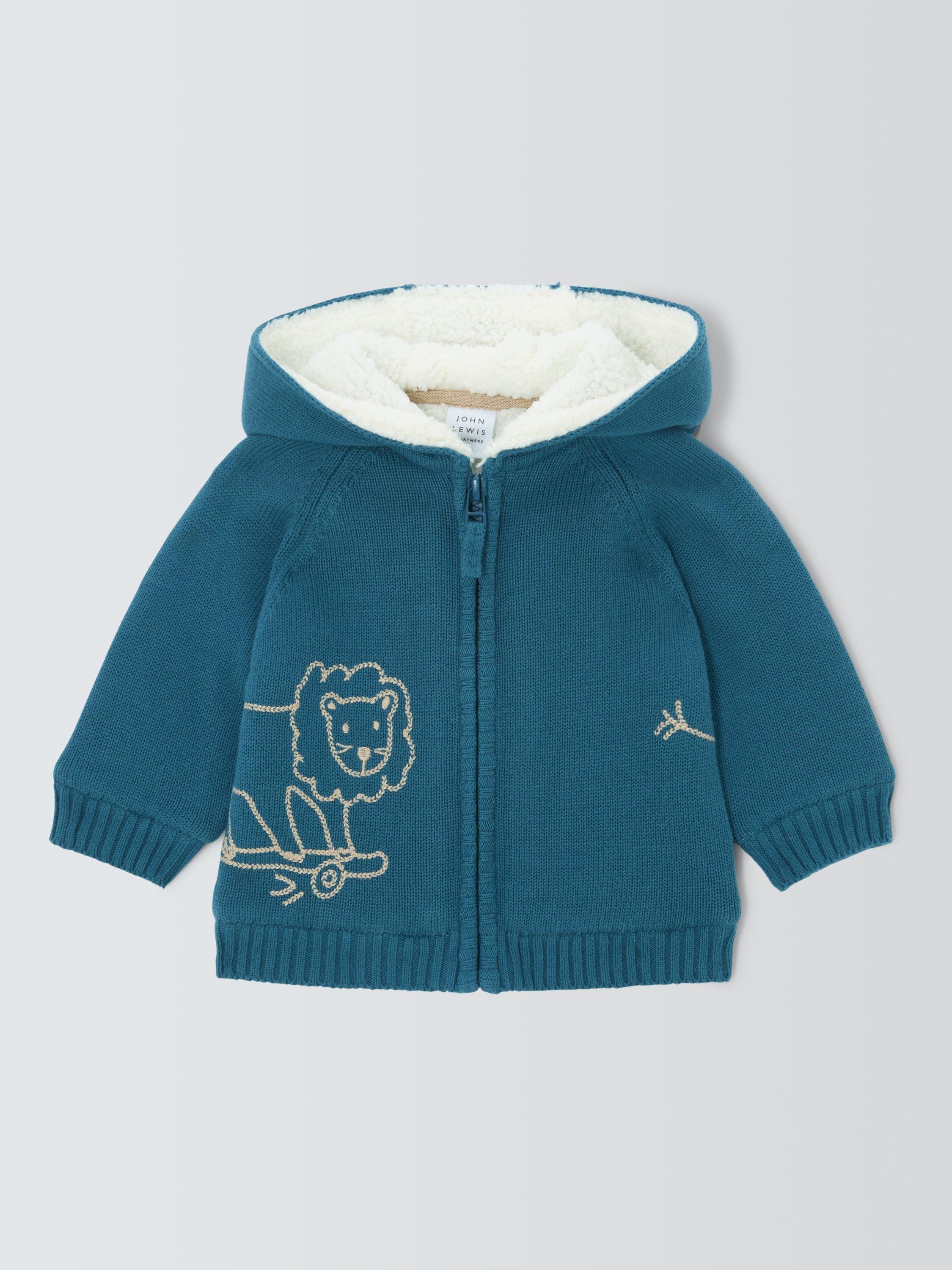 Product image 1 of 3, which shows John Lewis Baby Lion Borg Cardigan, Blue, 3-6 months