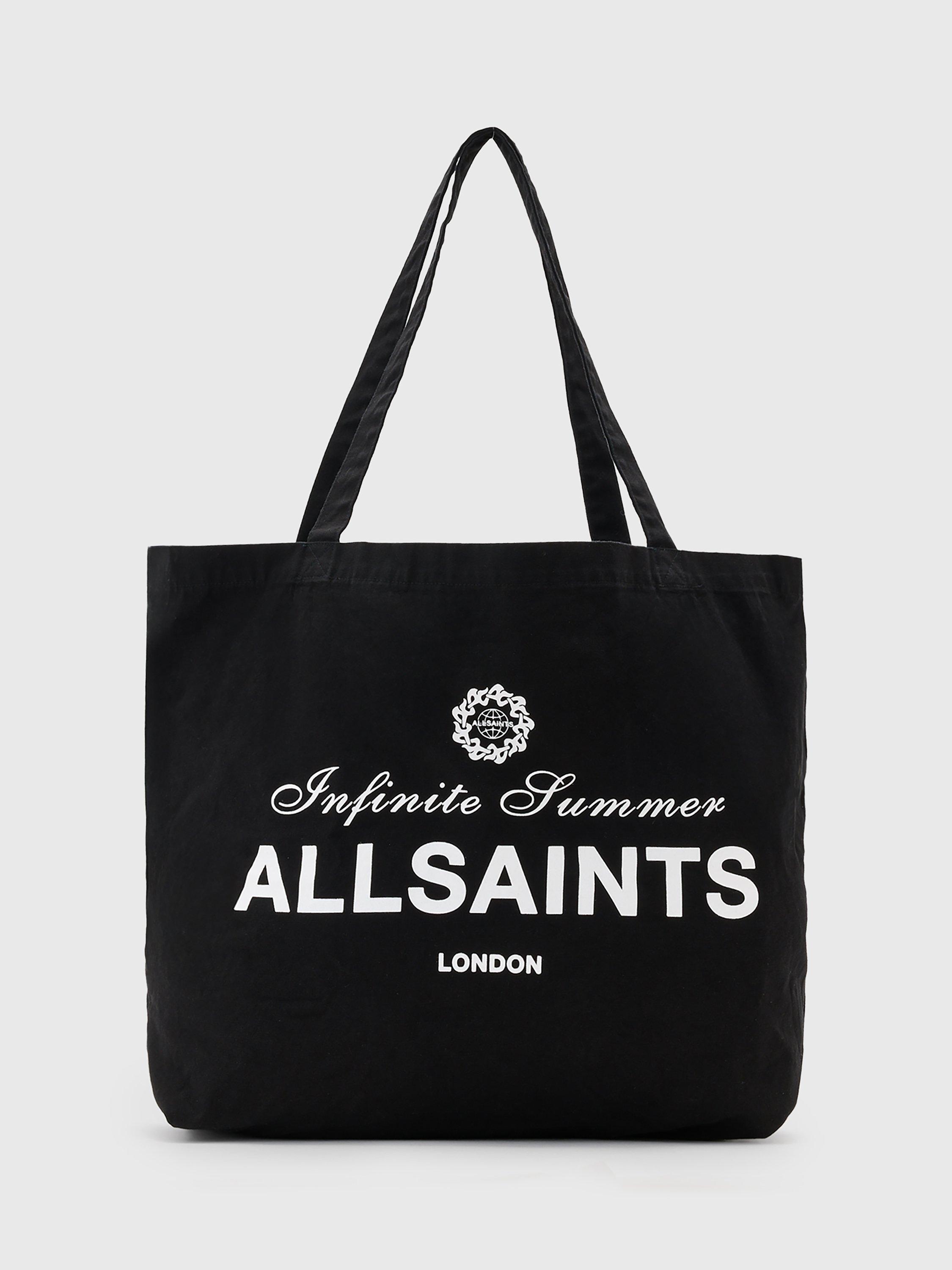 Product image 1 of 7, which shows AllSaints Soleil Grpahic Canvas Tote Bag, Washed Black