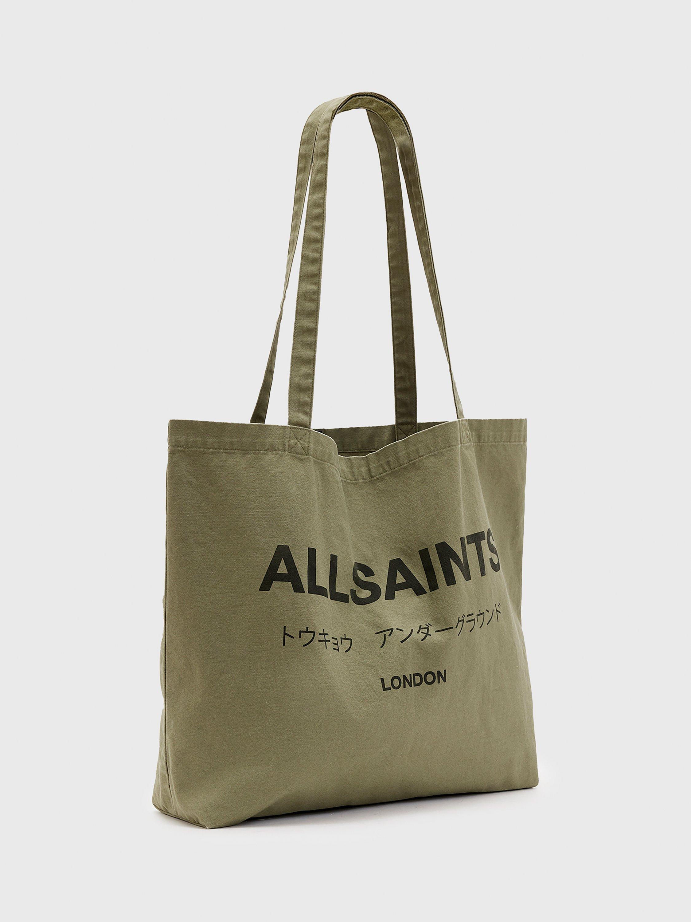 Product image 3 of 5, which shows AllSaints Underground Logo Tote Bag, Nori Green
