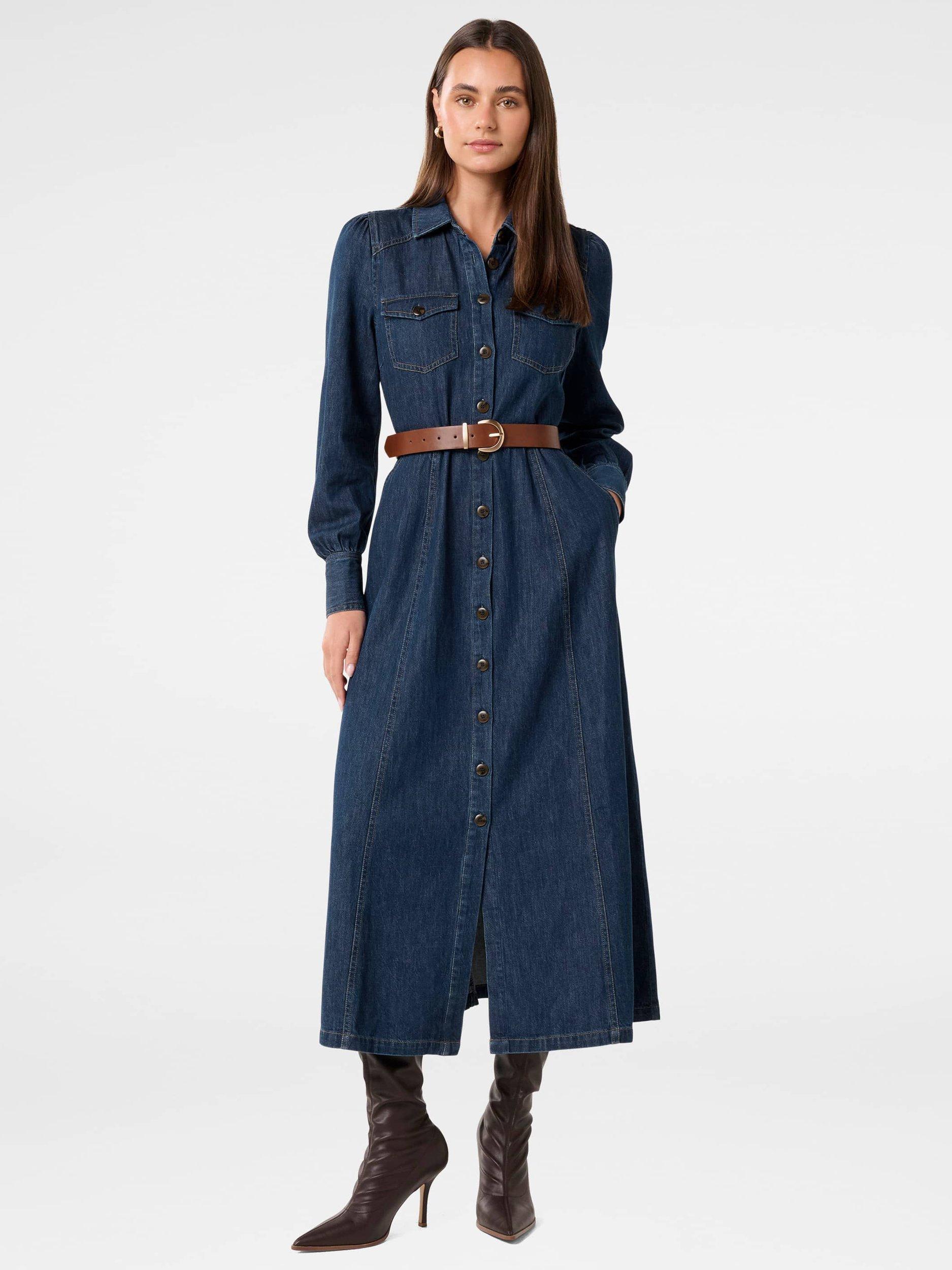 Product image 1 of 4, which shows Forever New Elizabeth Denim Shirt Dress, Dark Wash, 4