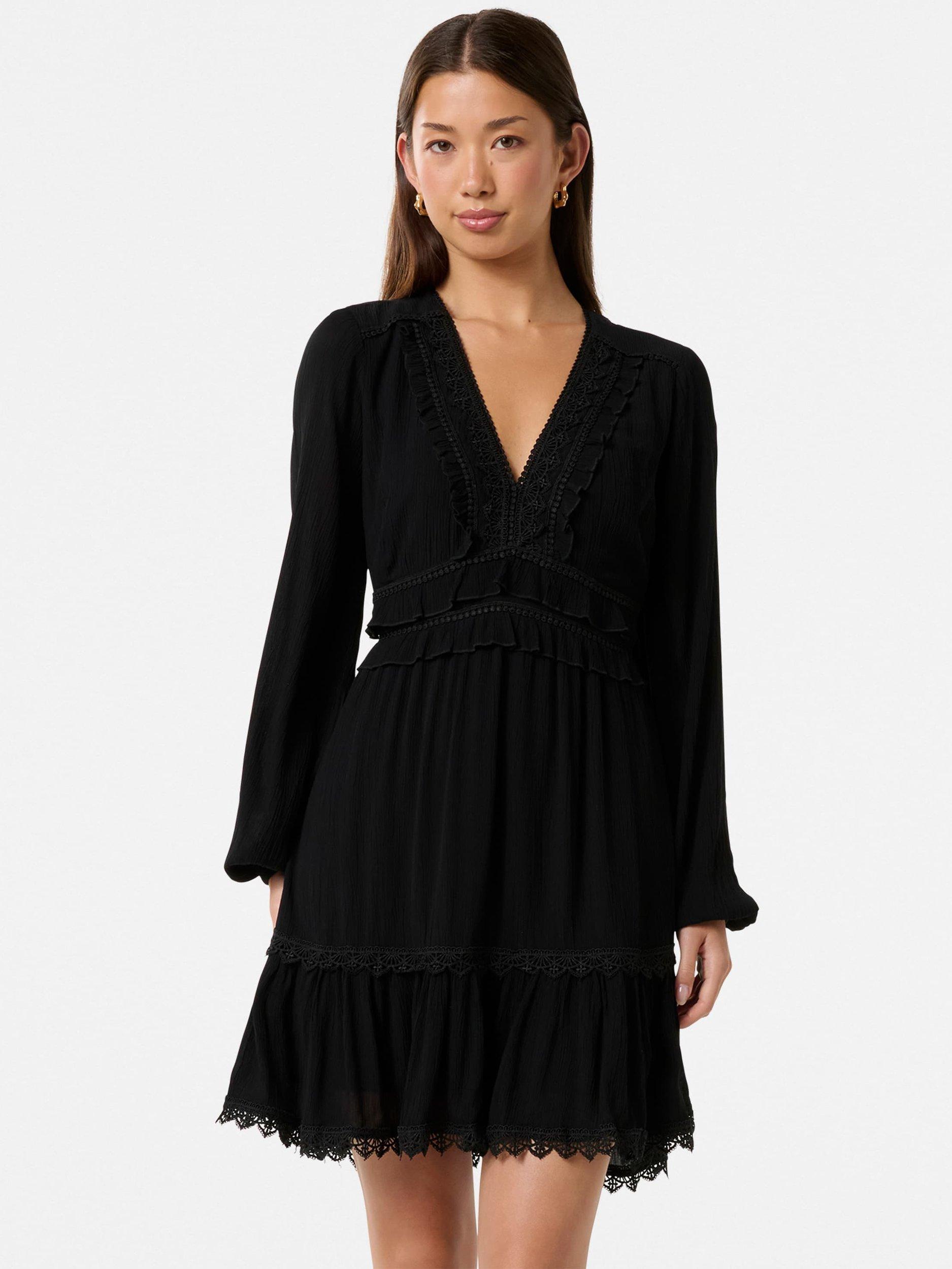 Product image 1 of 5, which shows Forever New Elsa Trim High Low Mini Dress, Black, 4