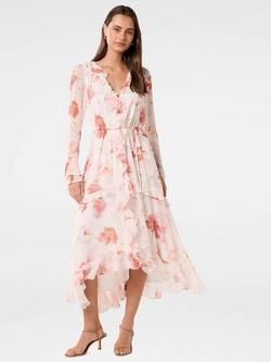 Forever New Kya Floral Frill Midi Dress, Pink/Multi, Pink/Multi