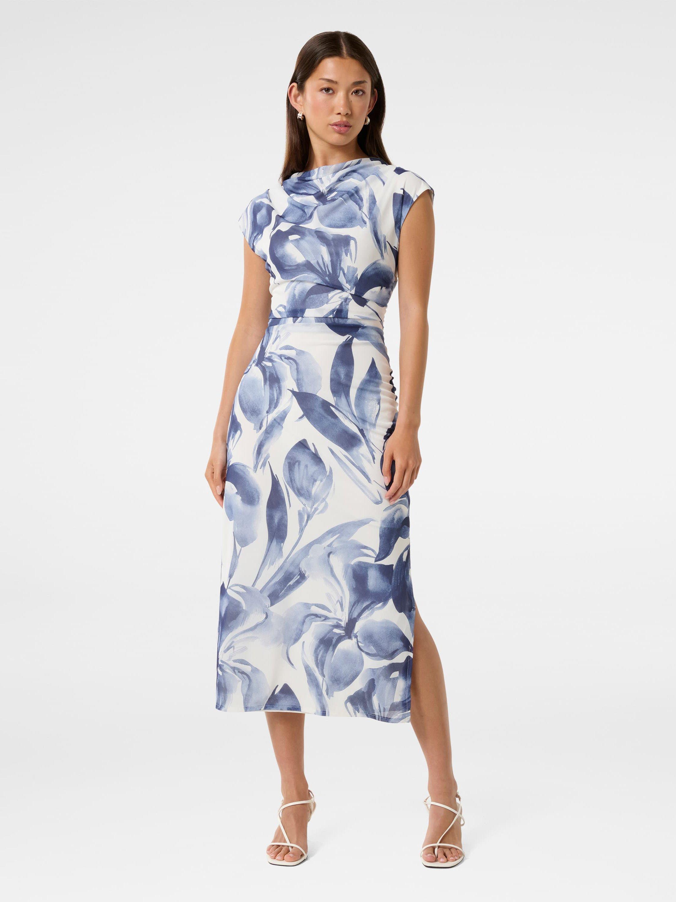 Product image 1 of 4, which shows Forever New Emery Ruched Mesh Dress, Blue/Multi, 4