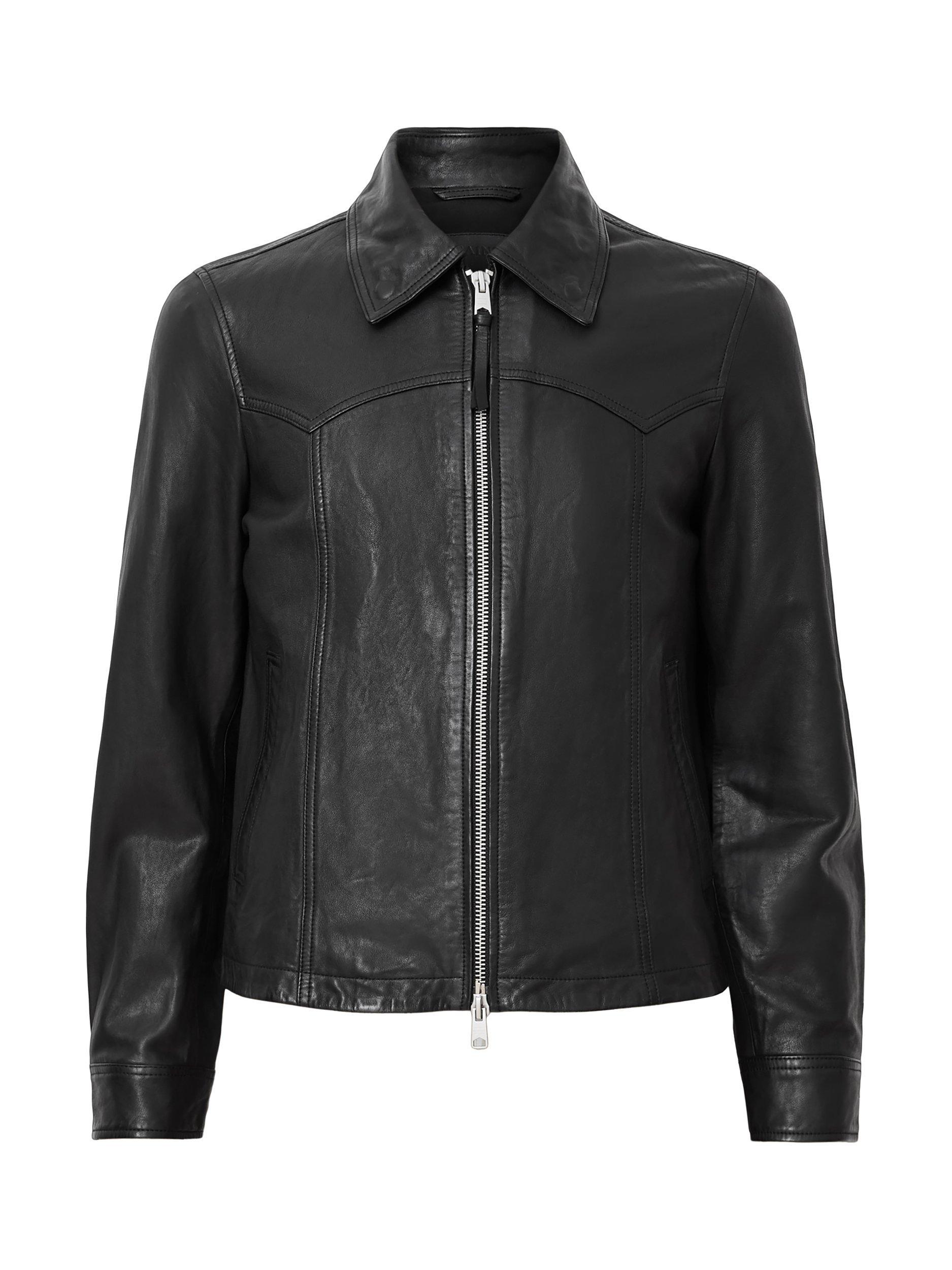 Product image 4 of 8, which shows AllSaints Nellcot Zip-Through Leather Jacket, Black, L