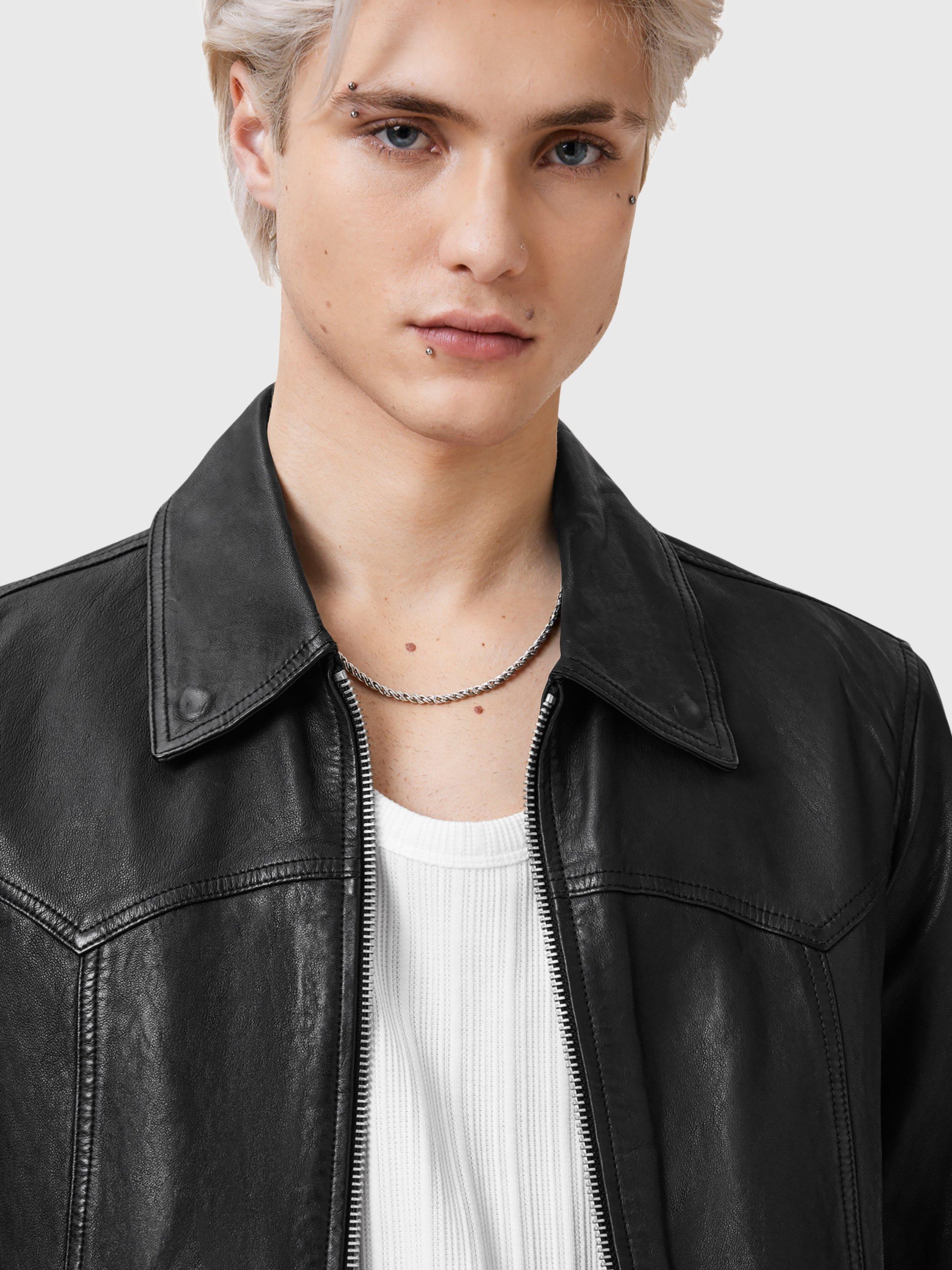 Product image 5 of 8, which shows AllSaints Nellcot Zip-Through Leather Jacket, Black, L