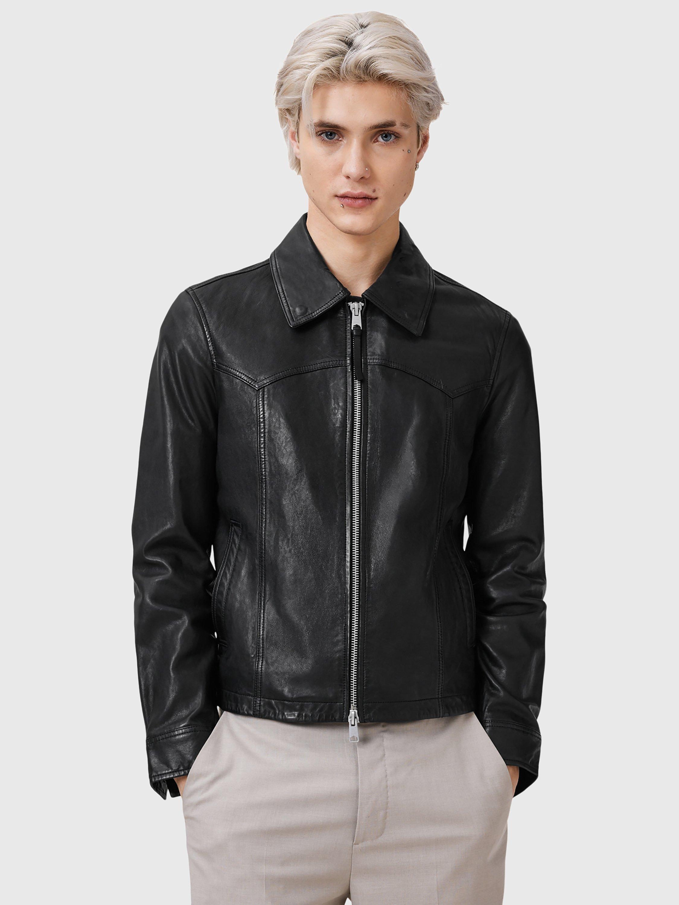 Product image 6 of 8, which shows AllSaints Nellcot Zip-Through Leather Jacket, Black, L