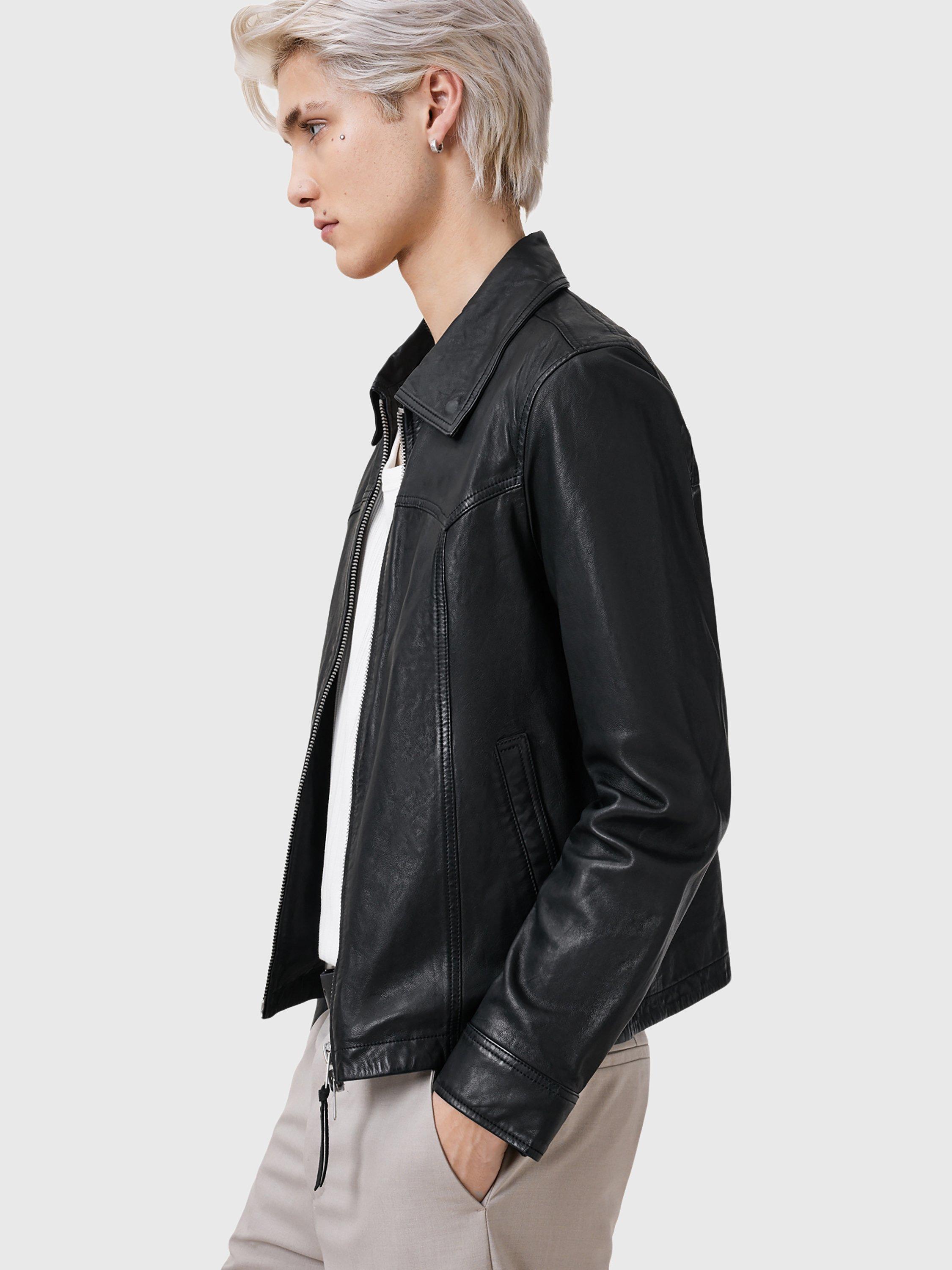 Product image 8 of 8, which shows AllSaints Nellcot Zip-Through Leather Jacket, Black, L