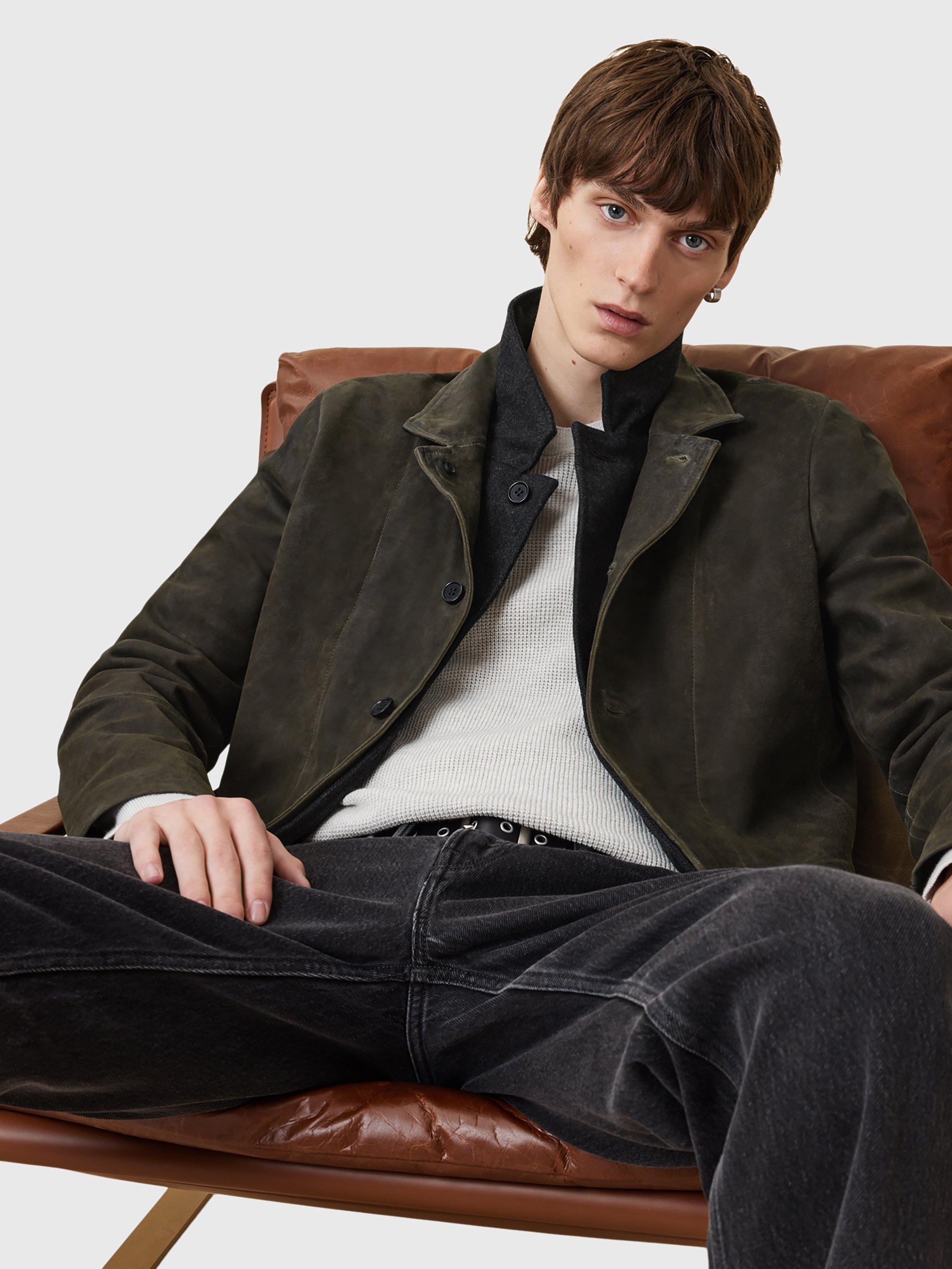 Product image 5 of 11, which shows AllSaints Survey Brushed Leather Blazer, Green Mid, L
