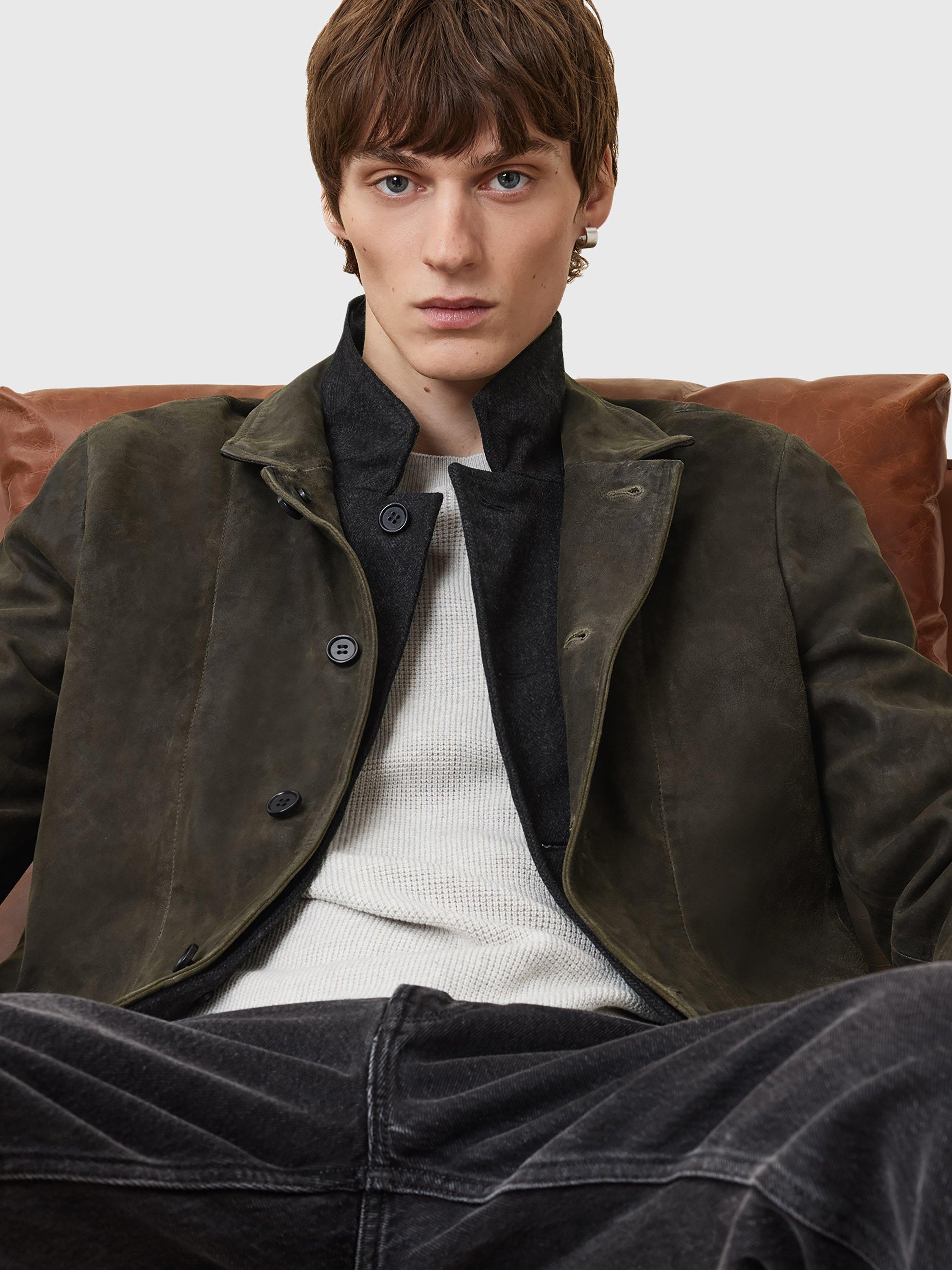 Product image 10 of 11, which shows AllSaints Survey Brushed Leather Blazer, Green Mid, L