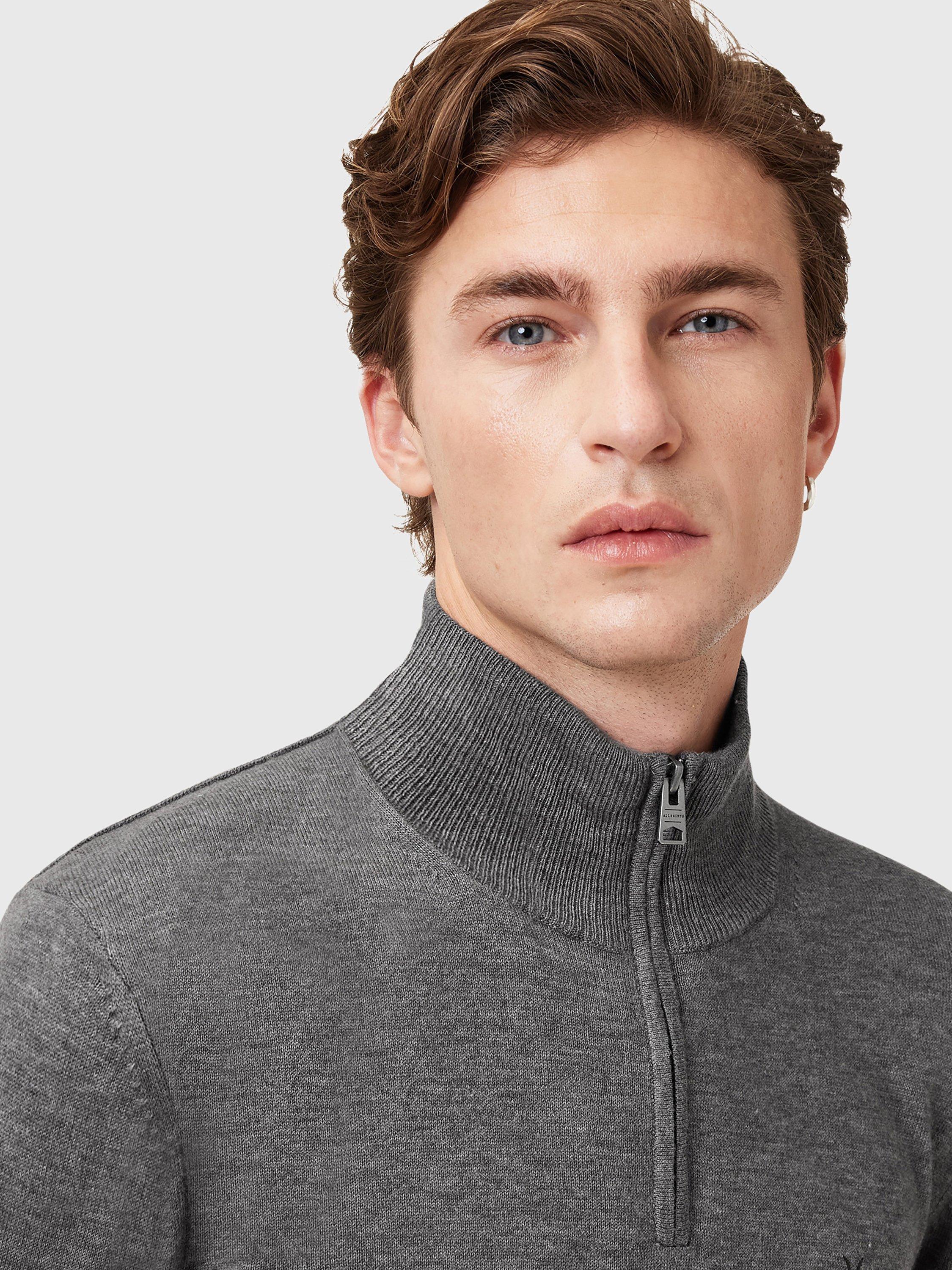 Product image 5 of 7, which shows AllSaints Kilburn Wool Blend Zip Funnel Neck Jumper, Monument Grey, L