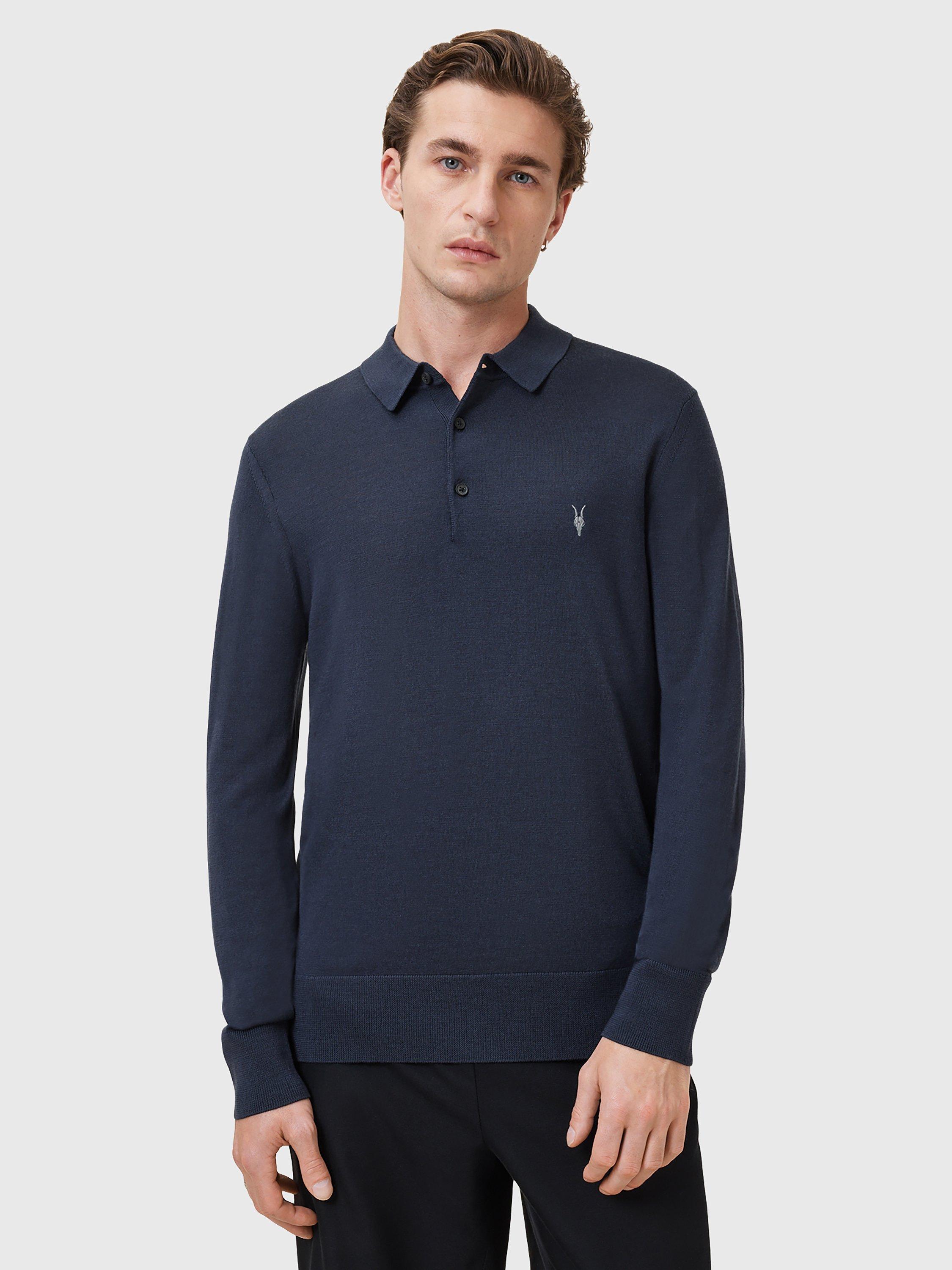 Product image 1 of 6, which shows AllSaints Mode Merino Long Sleeve Polo Shirt, Navy Blue, XS
