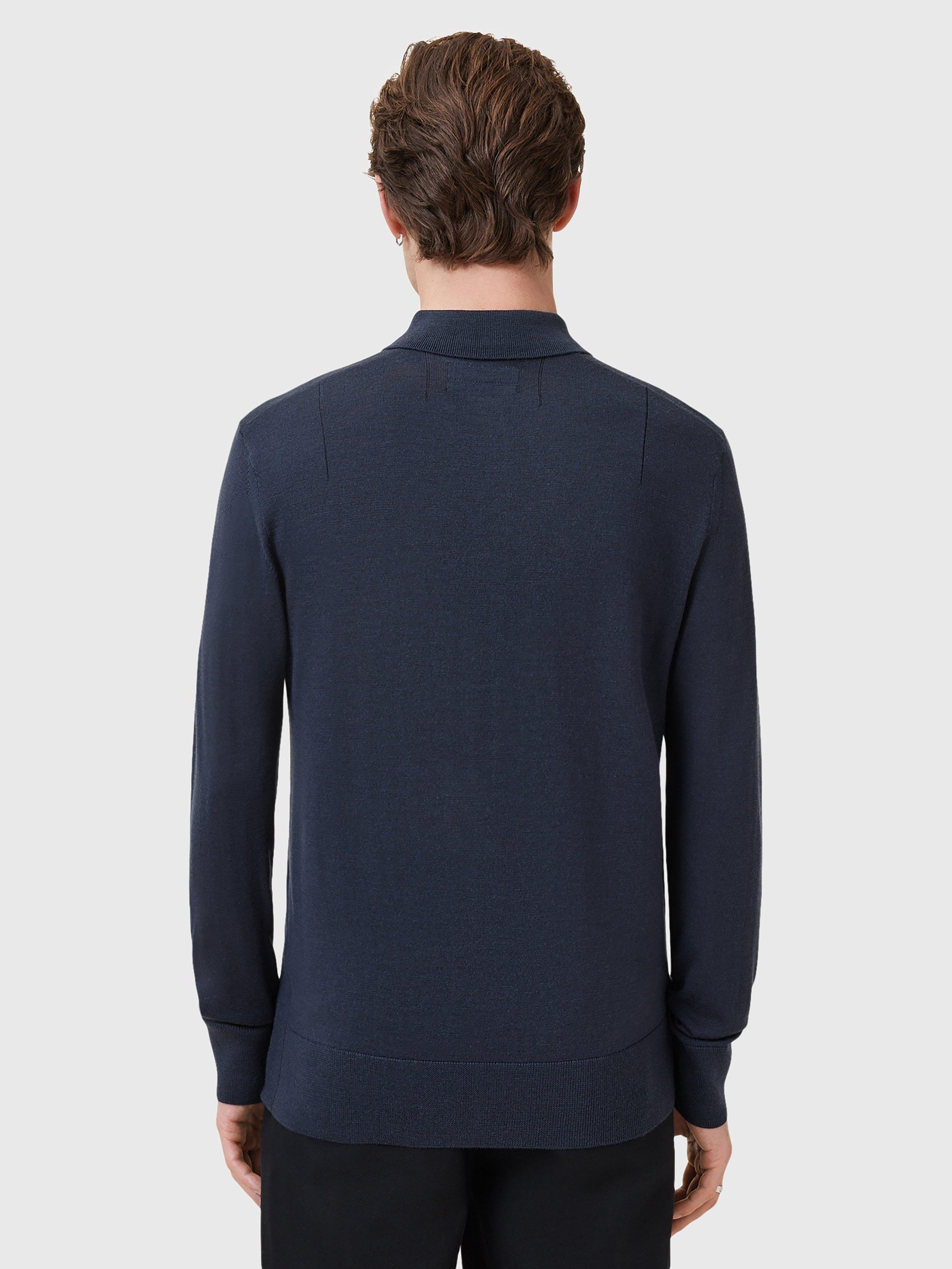 Product image 2 of 6, which shows AllSaints Mode Merino Long Sleeve Polo Shirt, Navy Blue, XS